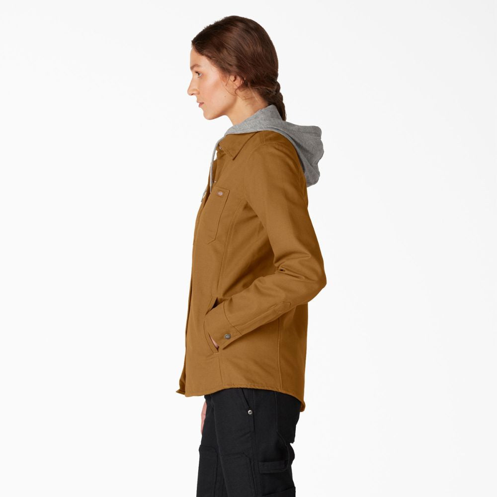Dickies Women's Duck Hooded Shirt Jacket - Brown FJ077 | Water-Resistant Workwear for Outdoor Activities & Casual Wear