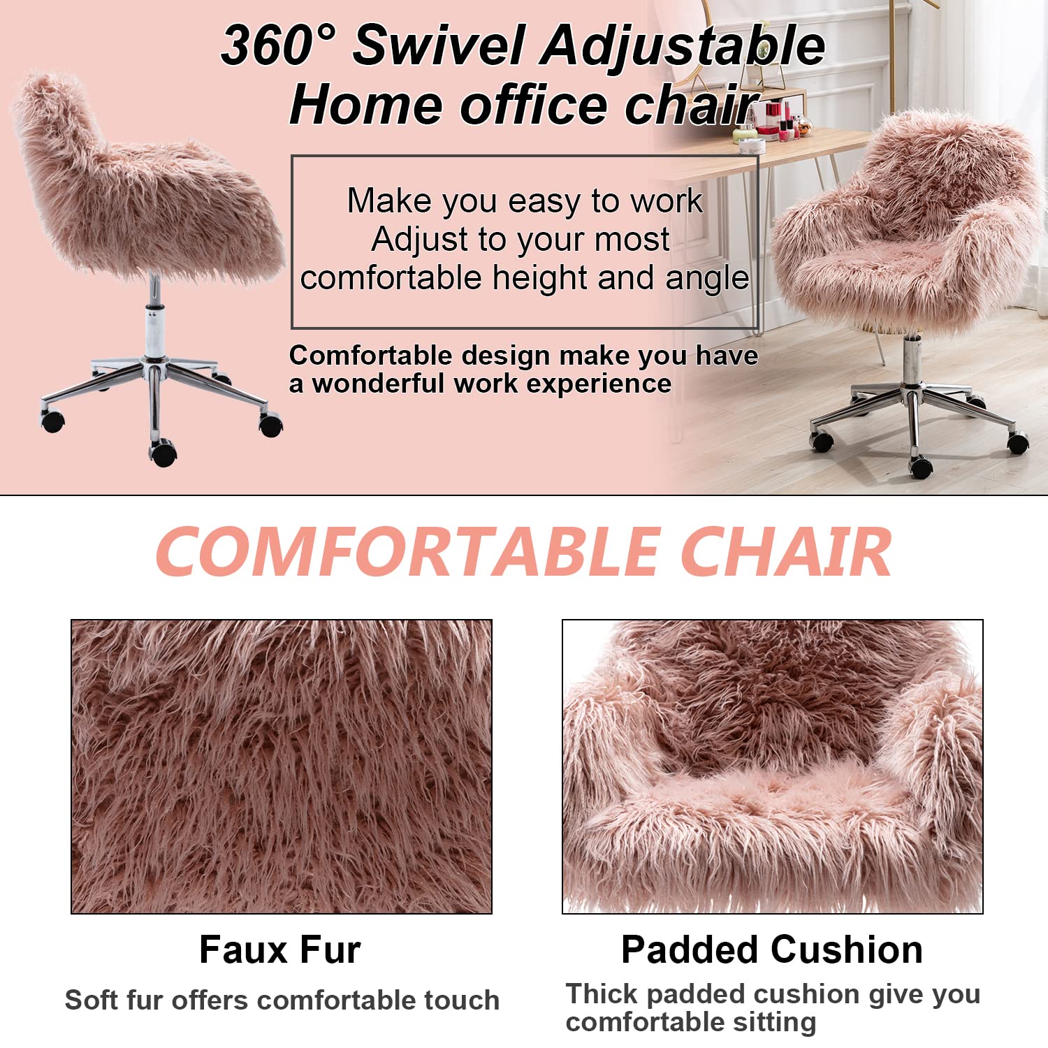 Yoluckea Modern Faux Fur Desk Chair - Adjustable Swivel Vanity Accent Chair with Soft Faux Fur, Pink Office Chair for Women & Girls - Perfect for Home Office, Living Room, Bedroom & Dressing Room Makeup Station