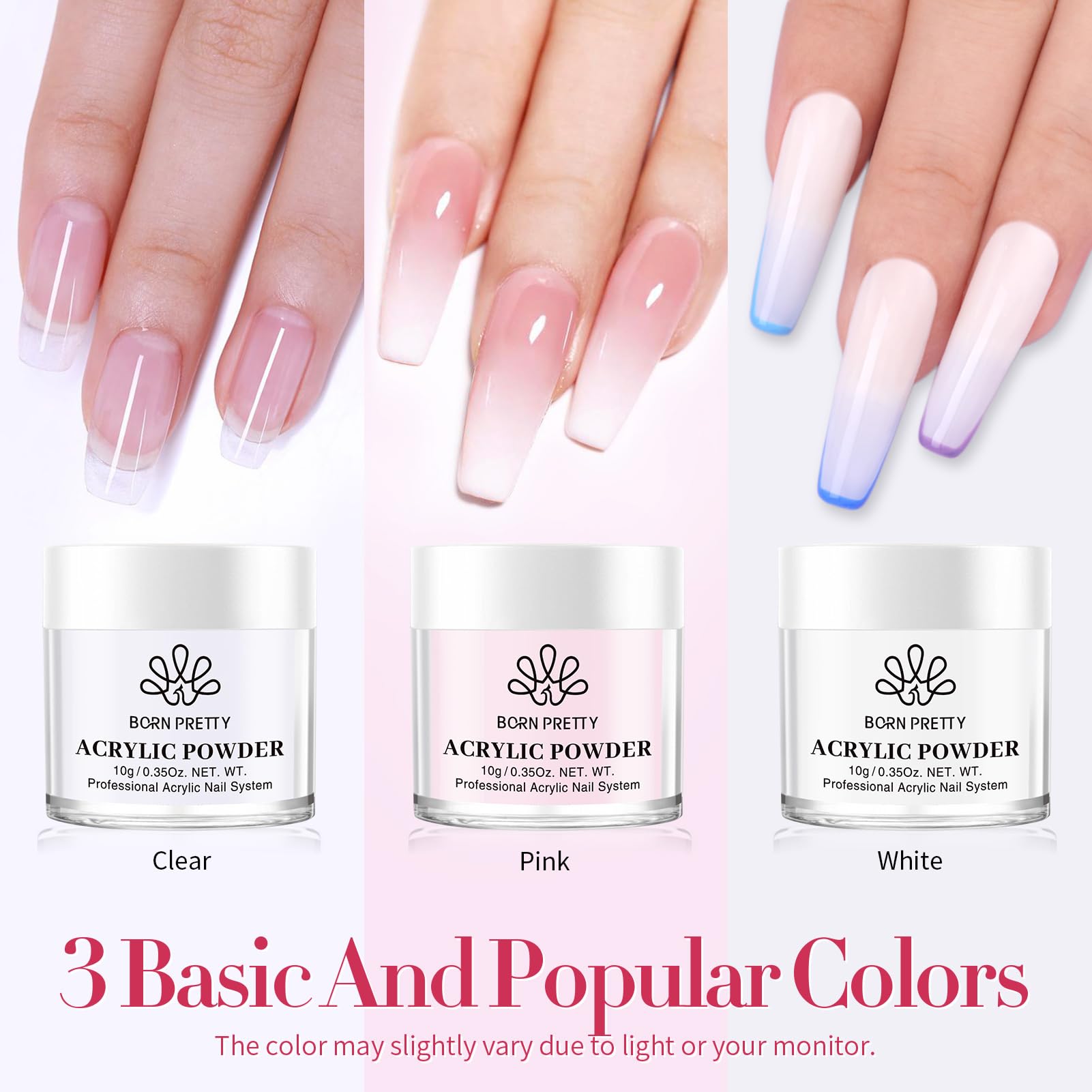 BORN PRETTY Professional Acrylic Nail Kit with Clear Pink & Milky White Powder - 3 Boxes Acrylic Nail Powder, 60ML Liquid, Nail Tips & Complete Tool Set for Salon & Home Manicure