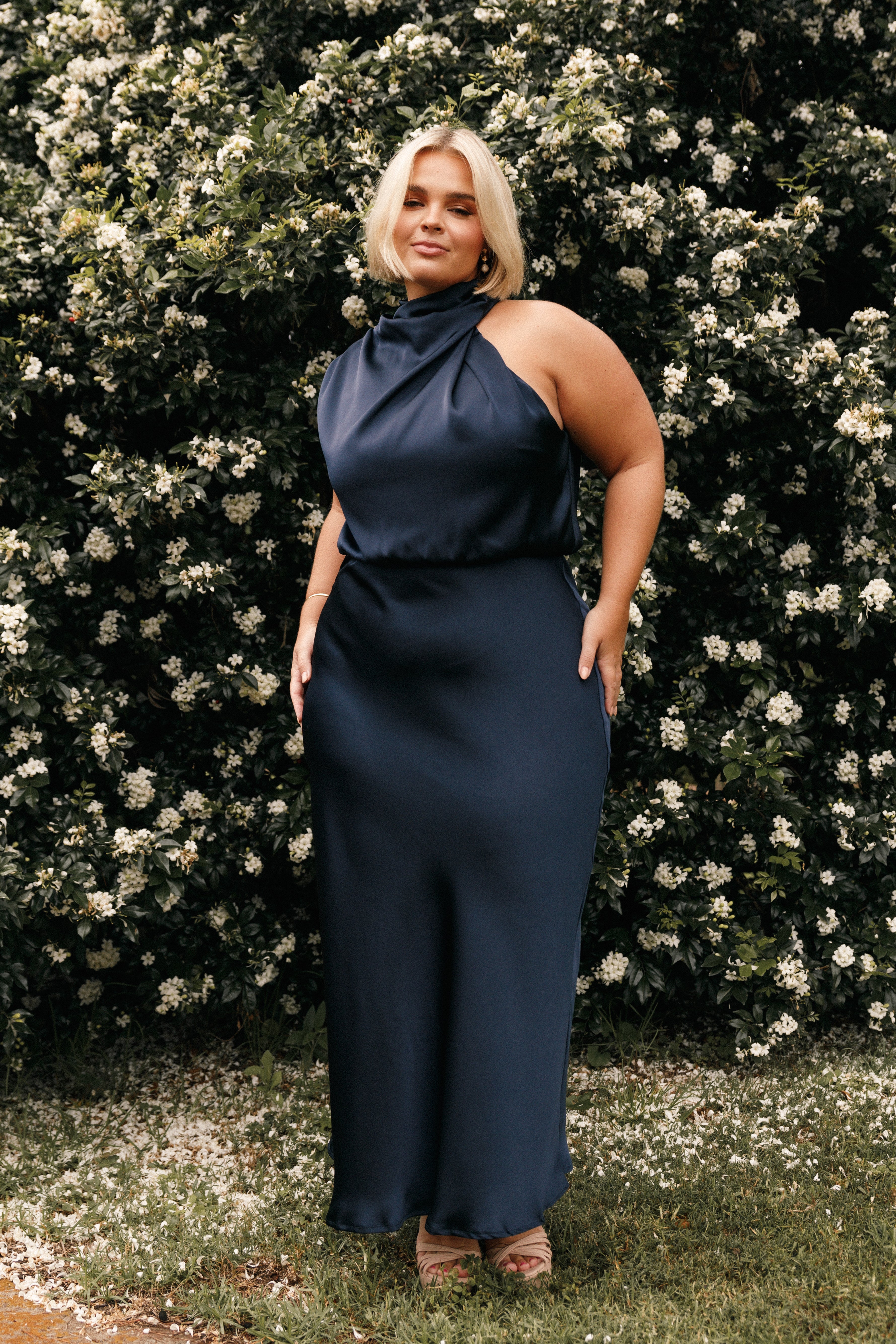 Anabelle Halter Neck Midi Dress - Navy Blue Flowy Summer Dress for Women | Perfect for Beach Vacations, Date Nights & Outdoor Parties