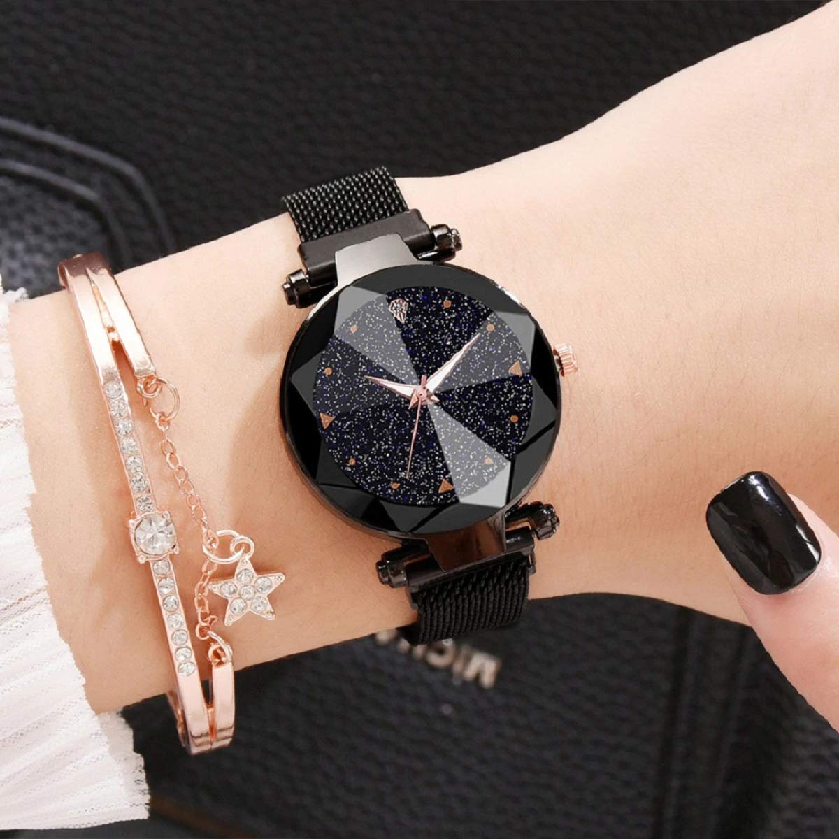Casera Analog Magnetic Strap Rose Gold & Black Watch for Women - Fashionable O2 Watch for Girls & Ladies - Perfect for Work, Gym & Everyday Wear