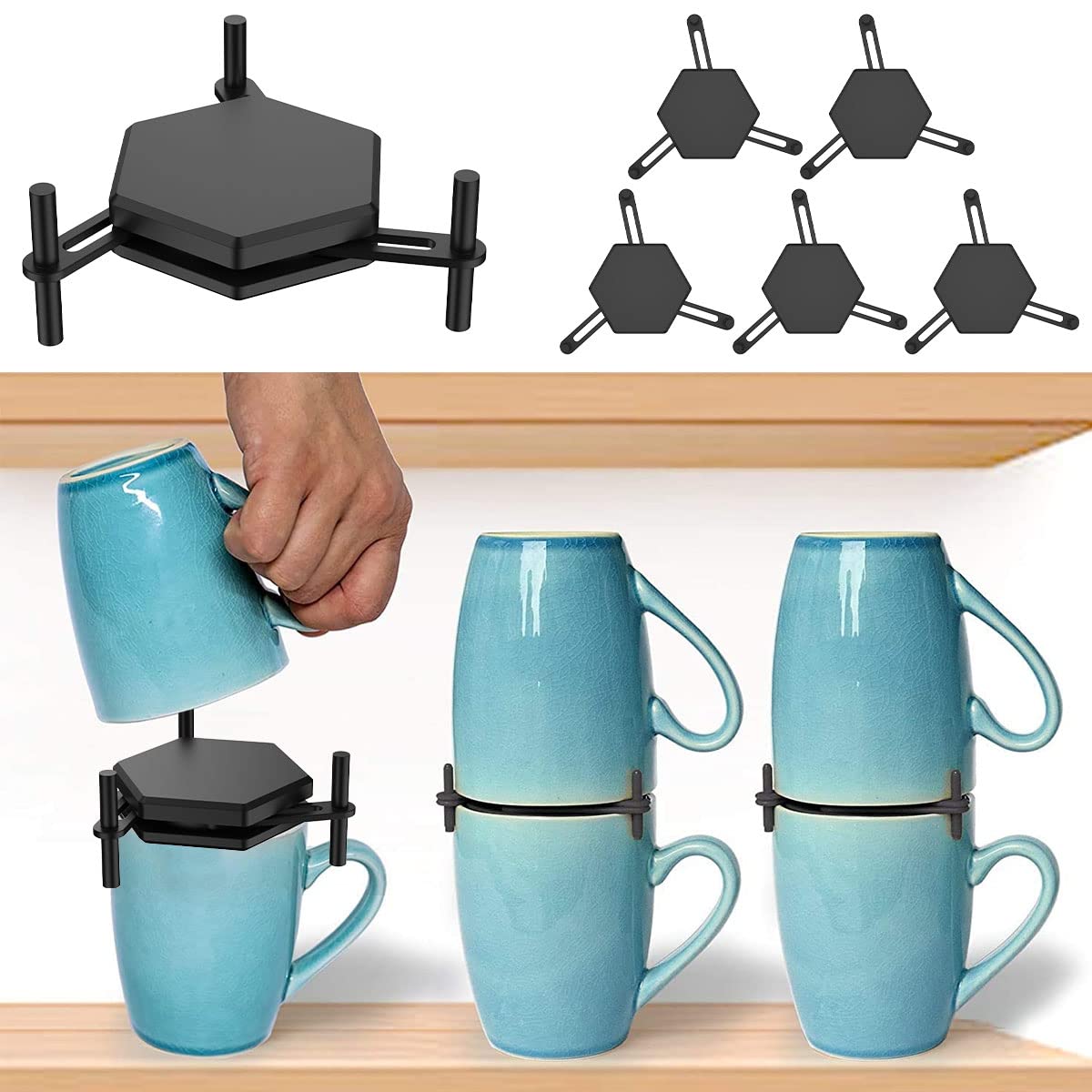 6-Piece Expandable Stackable Coffee Mug Holder - Space-Saving Mug Organizer for Kitchen Cabinet & Shelf Storage - Perfect for Tea Cups & Coffee Mugs in Small Spaces