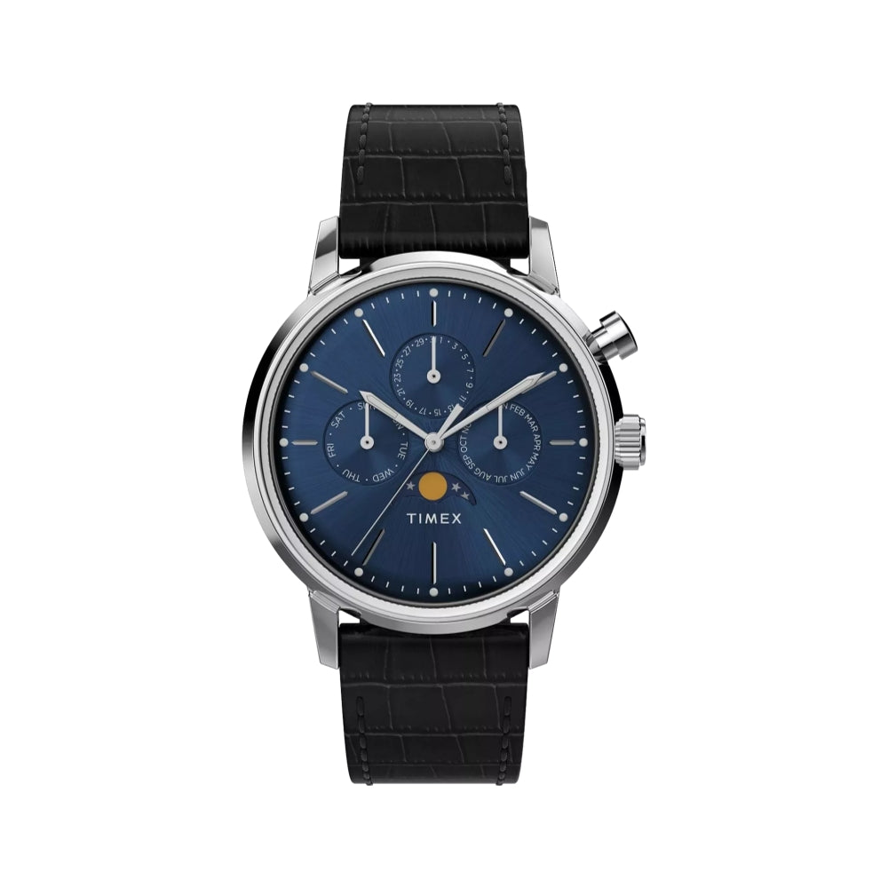 Marlin Quartz Moon Phase Watch 40mm Blue Dial Men's Dress Watch for Business & Formal Occasions