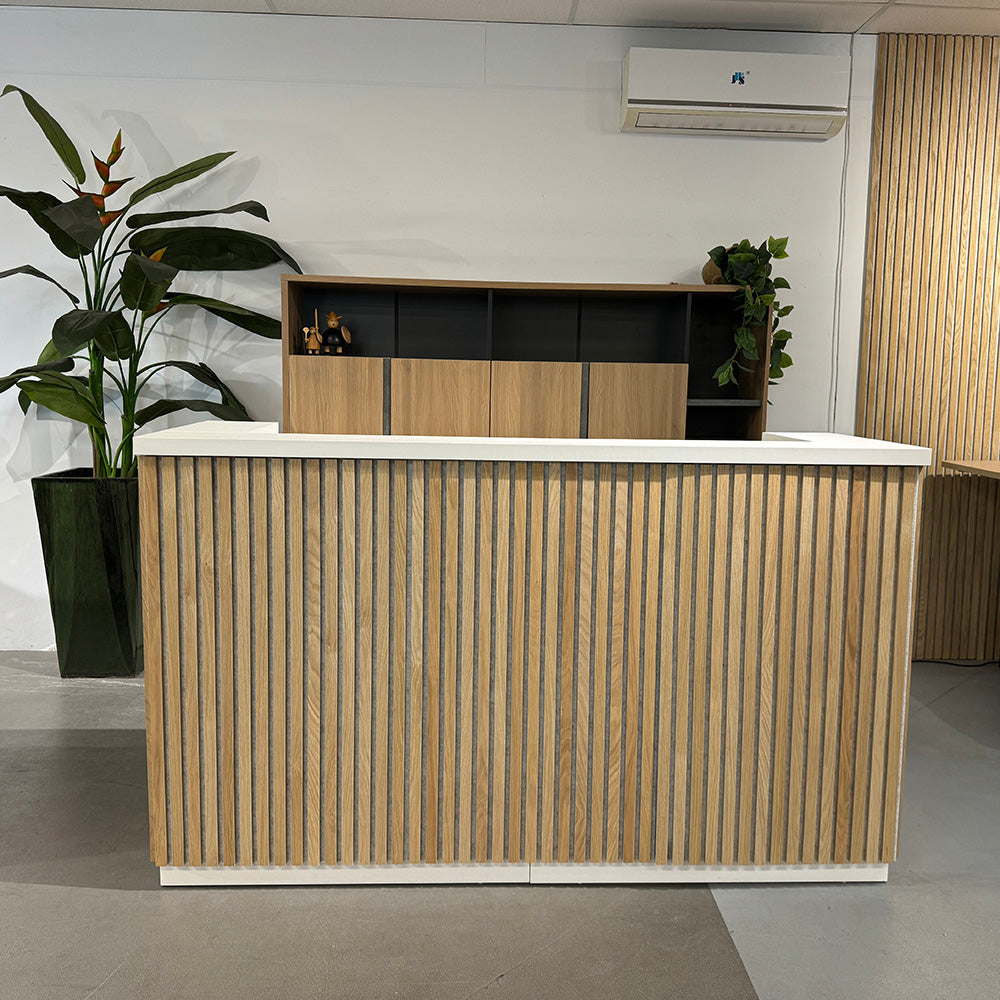 KENTO 180cm Reception Desk - White & Oak Timber Slat Acoustic Panel Office Furniture for Modern Workspace & Lobby