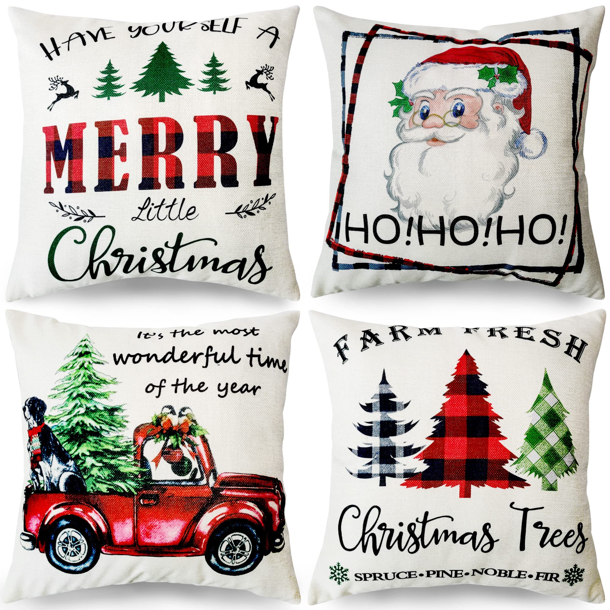 Christmas Pillow Covers 18x18 Inch - Set of 4 Buffalo Plaid Linen Throw Pillow Cases for Farmhouse Holiday Decor - Perfect for Christmas, Winter Home Decor & Cozy Living Room Accents
