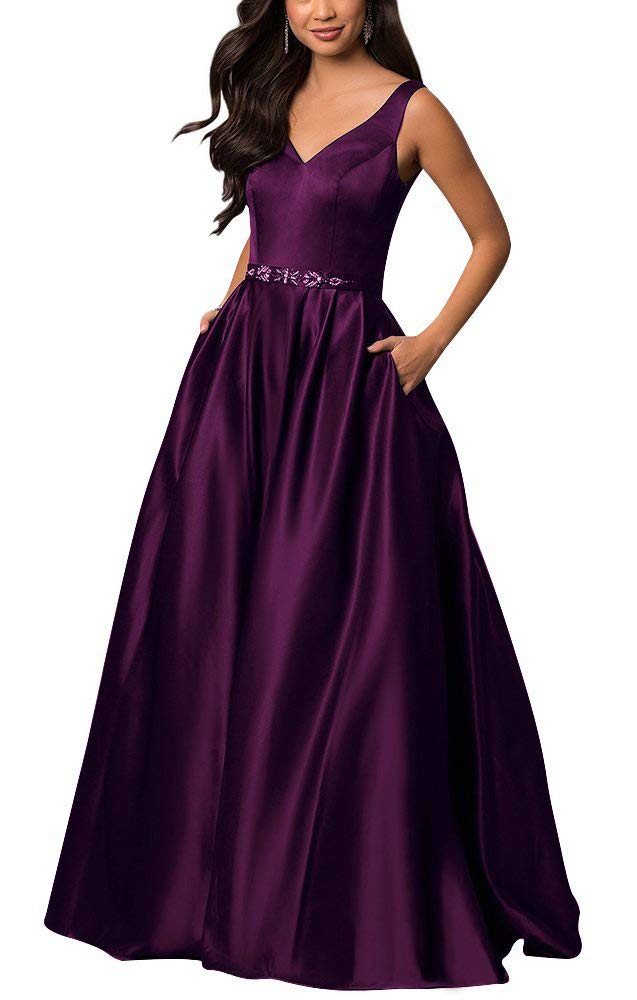 Elegant Long V-Neck Beaded Satin Prom Dress with Pockets - Formal Evening Party Gown for Homecoming, Wedding Guest & Special Occasions
