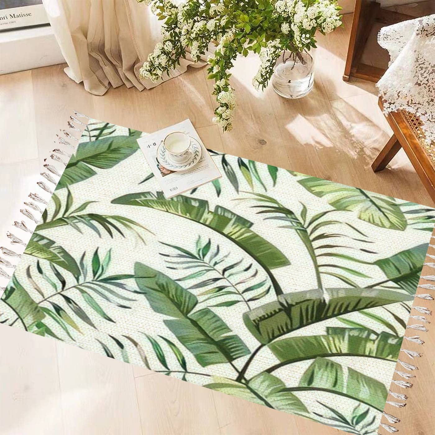 Vintage Cotton Linen Rug with Tassels - Tropical Banana Fern Leaf Boho Design, Washable Woven Runner Mat for Kitchen, Bathroom, Outdoor & Indoor Decor | Perfect for Boho Chic Living Rooms, Cozy Bedrooms & Patio Spaces