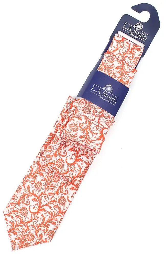 L.A. Smith Burnt Orange Wedding Floral Paisley Tie and Pocket Square Set - Perfect for Weddings, Prom, and Formal Events
