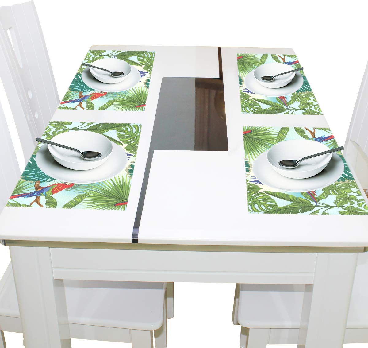 MOYYO Tropical Plants Parrot Placemats - Set of 4 Heat-Resistant Non-Slip Polyester Table Mats, Washable & Easy Clean for Kitchen Dining Decor | Perfect for Bird Lovers, Tropical Theme Parties & Everyday Meals