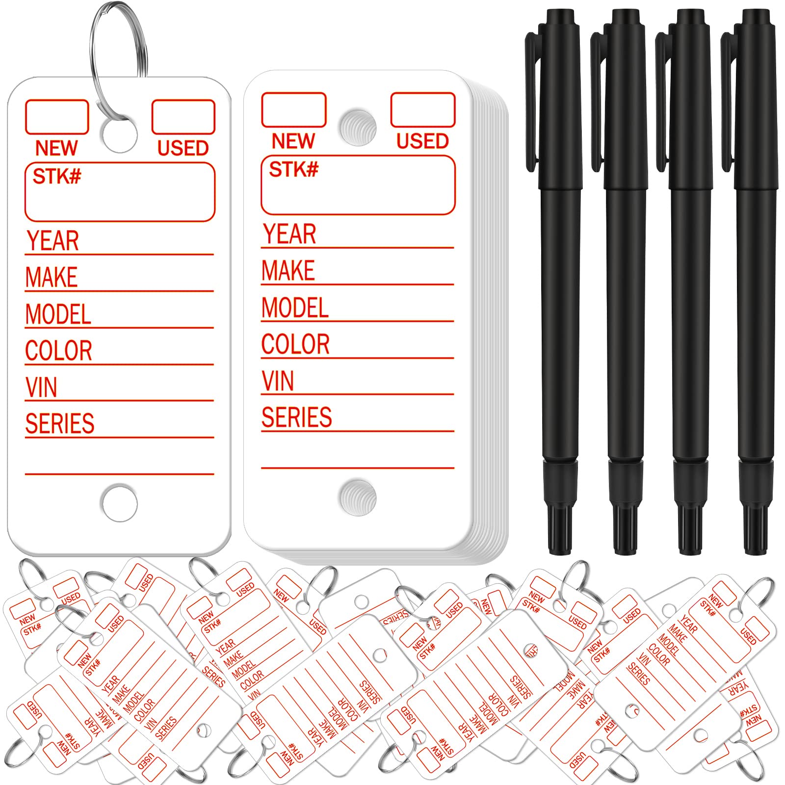 500 Pcs Blank Key Tags with Rings - Durable Car Dealership Key Tags, Shop Labels & 4 Pens for Office, Automotive Supplies (White) - Perfect for Key Organization, Inventory Management & Retail Display