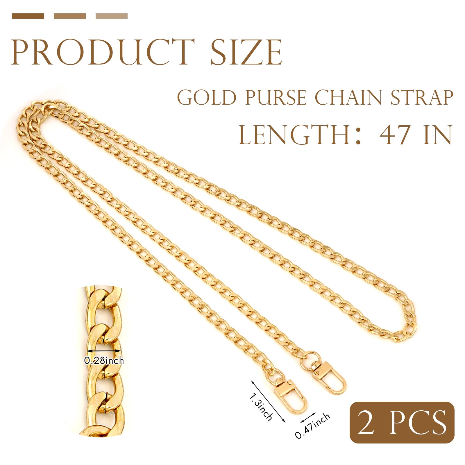 2 Pack 47 Inch Gold Purse Chains - Flat Iron Bag Straps with Metal Buckles for DIY Handbags, Wallets & Shoulder Bags | Perfect for Evening Events, Shopping & Daily Use