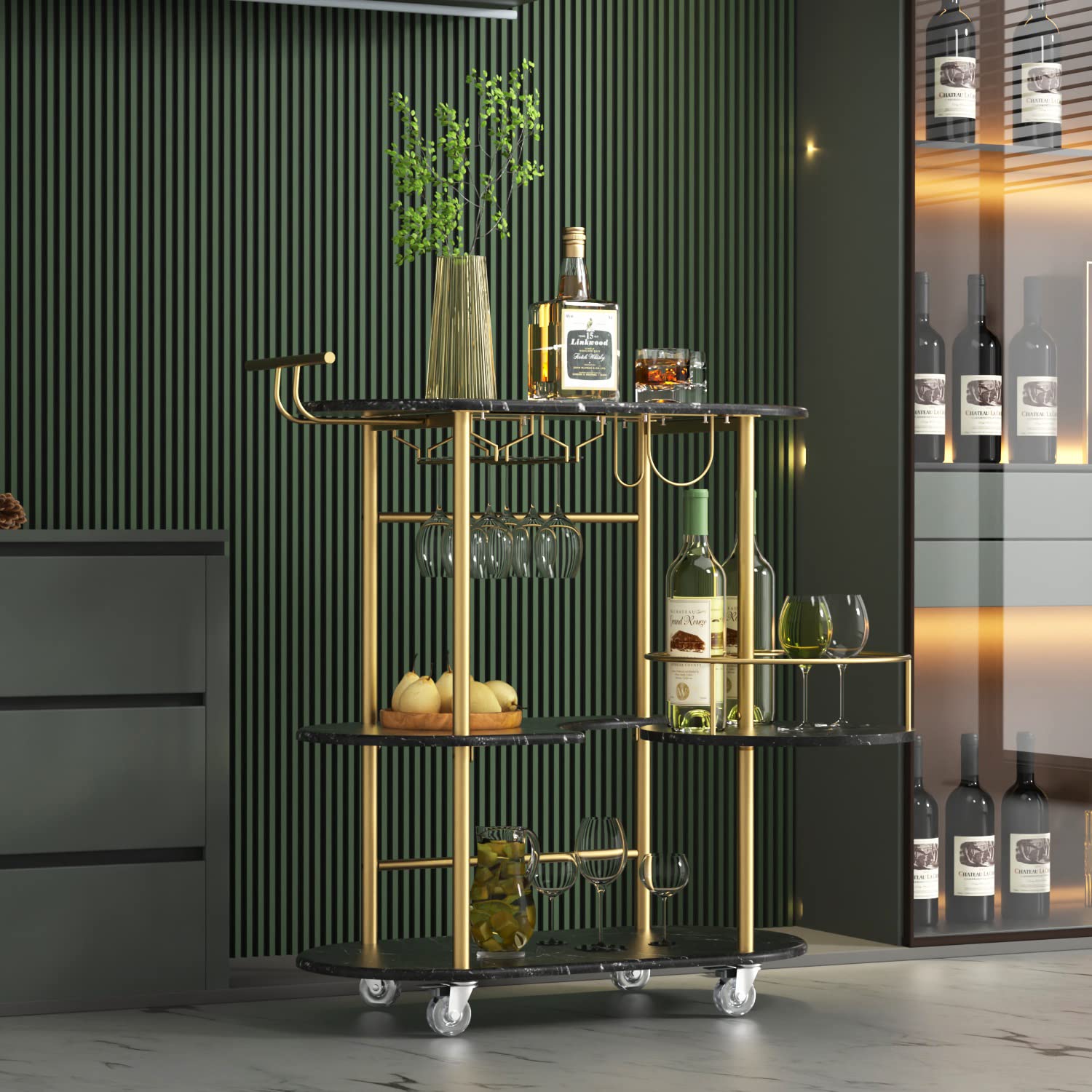 Black Bar Cart with 4-Tier Storage Shelves - Mobile Serving Cart with Wine Rack & Glass Holder - Perfect for Home, Kitchen, Living Room & Dining Room - Ideal for Cocktail Parties, Wine Tasting & Home Entertaining