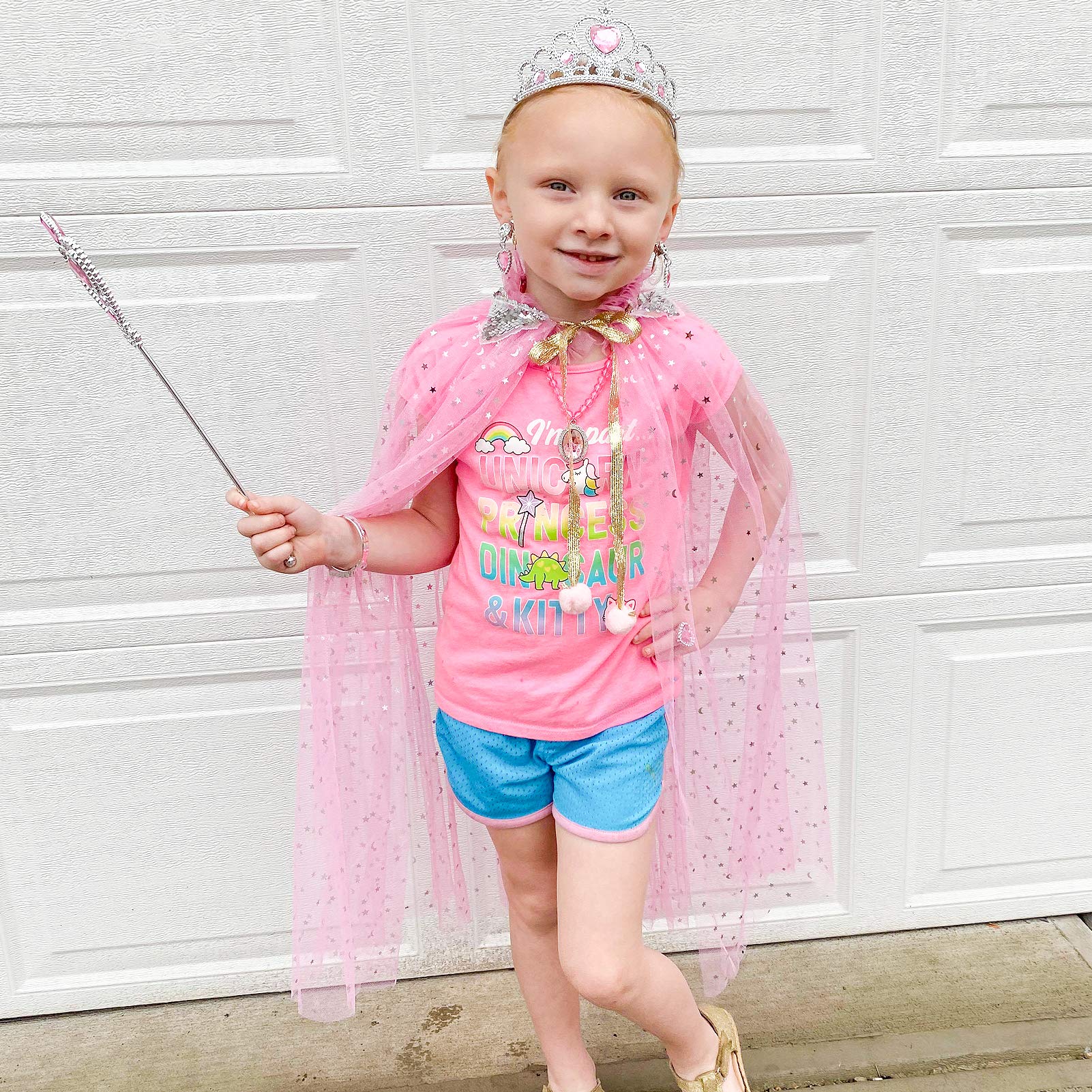 Fedio 7-Piece Princess Cape Set for Girls - Pink Cloak with Tiara Crown & Magic Wand | Kids Dress Up Costume for Birthday Parties, Halloween & Pretend Play