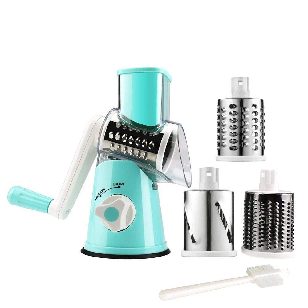 Premium Rotary Cheese Grater - Stainless Steel Vegetable Slicer for Potato, Carrot & Nuts - Includes Cleaning Brush - Blue Kitchen Mandoline - Perfect for Salads, Pasta & Meal Prep
