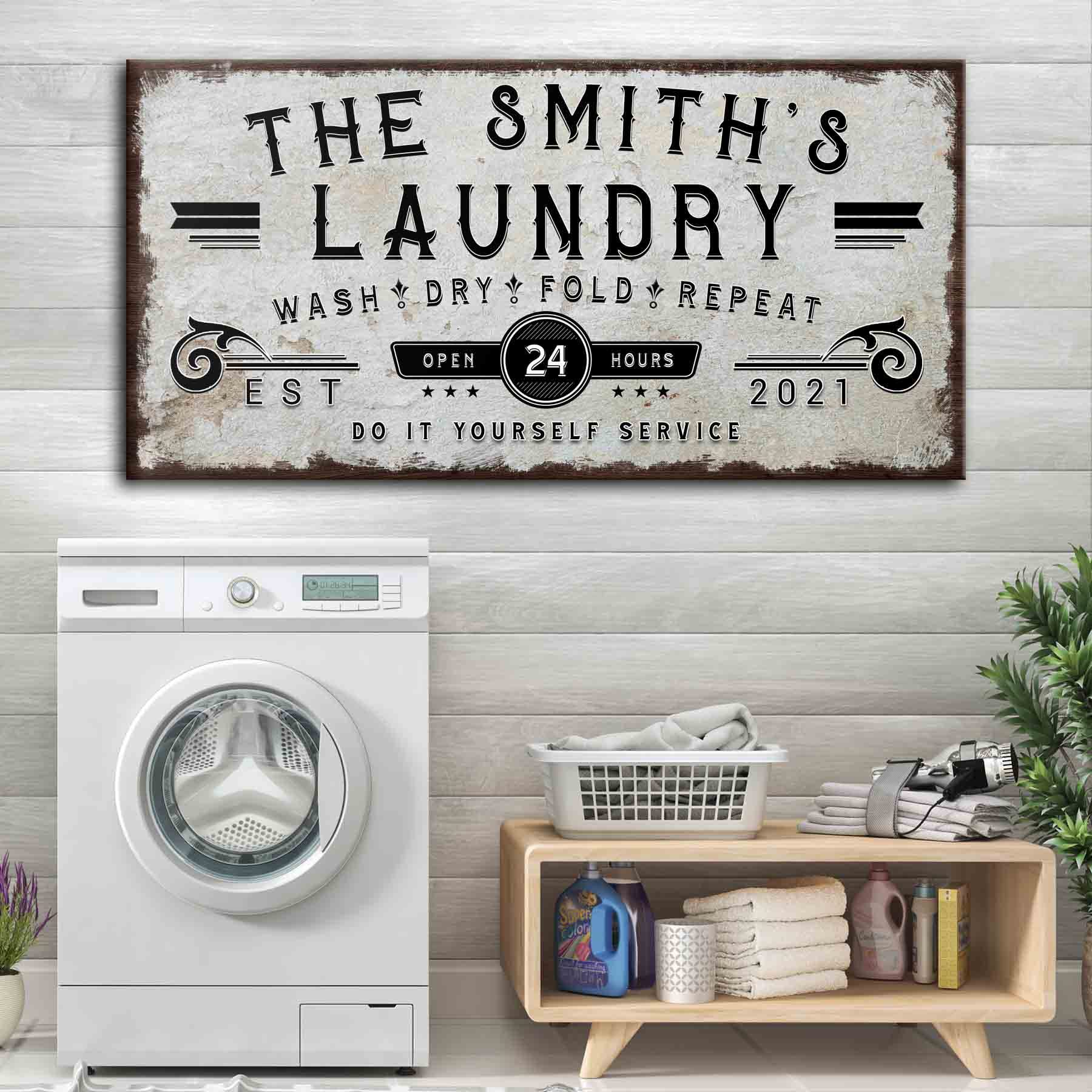 Personalized Laundry Room Wall Art - Custom Family Name Canvas Sign 'Wash Dry Fold Repeat' - Rustic Farmhouse Decor (48x16 Inches) for Home, Business & Laundry Room Organization