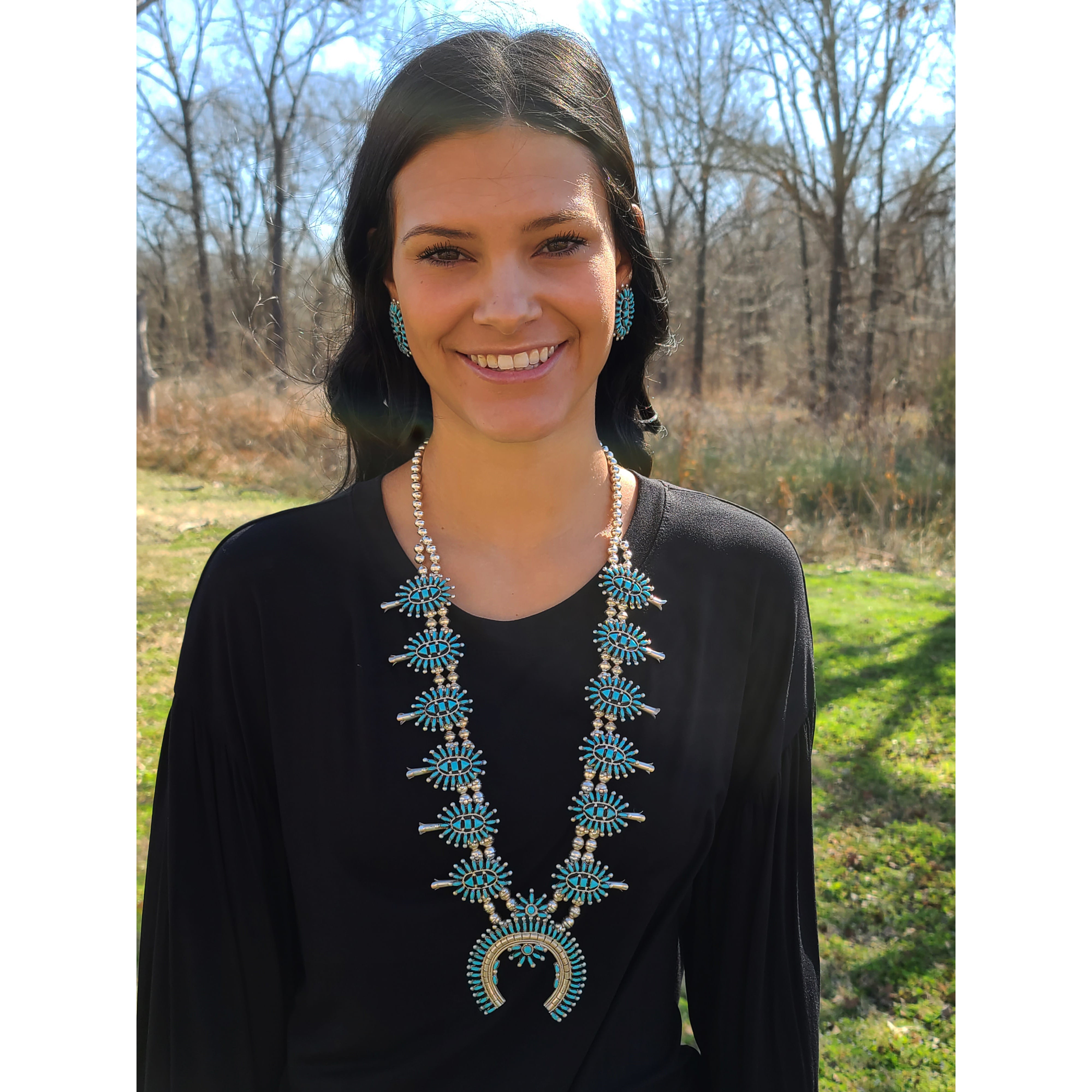 Authentic Zuni Needlepoint Squash Blossom Jewelry – Handmade Native American Turquoise Necklace for Women | Perfect for Festivals, Weddings & Boho Fashion