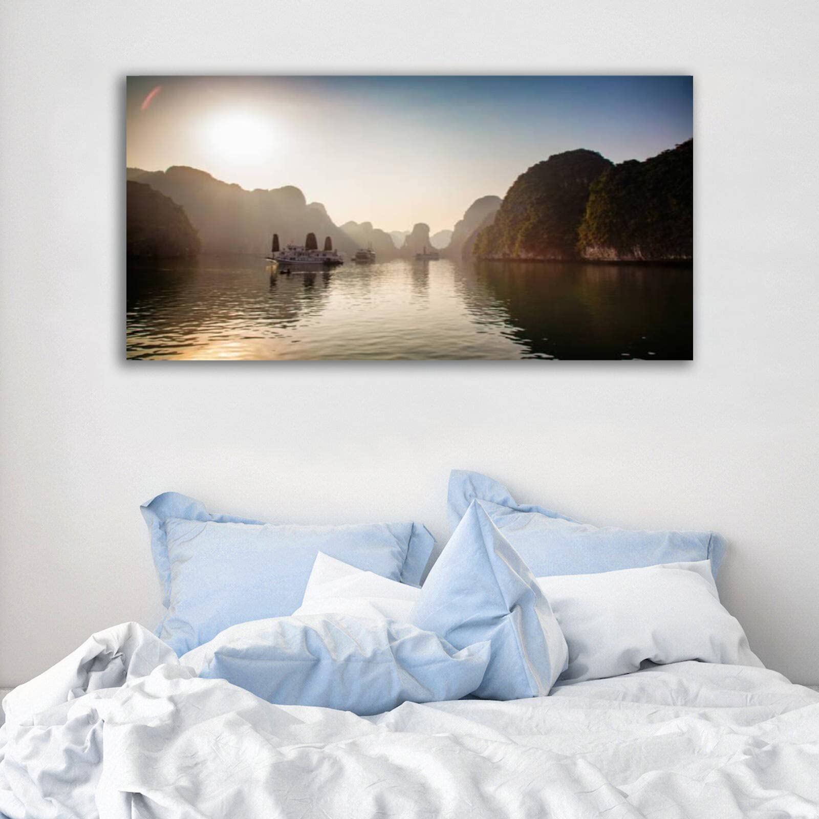 Nature Canvas Wall Art - Misty Dawn Halong Bay Vietnam Panoramic Landscape Painting | Ready to Hang Home Decor for Living Room & Bedroom | Perfect for Modern Interior Design & Office Wall Decor
