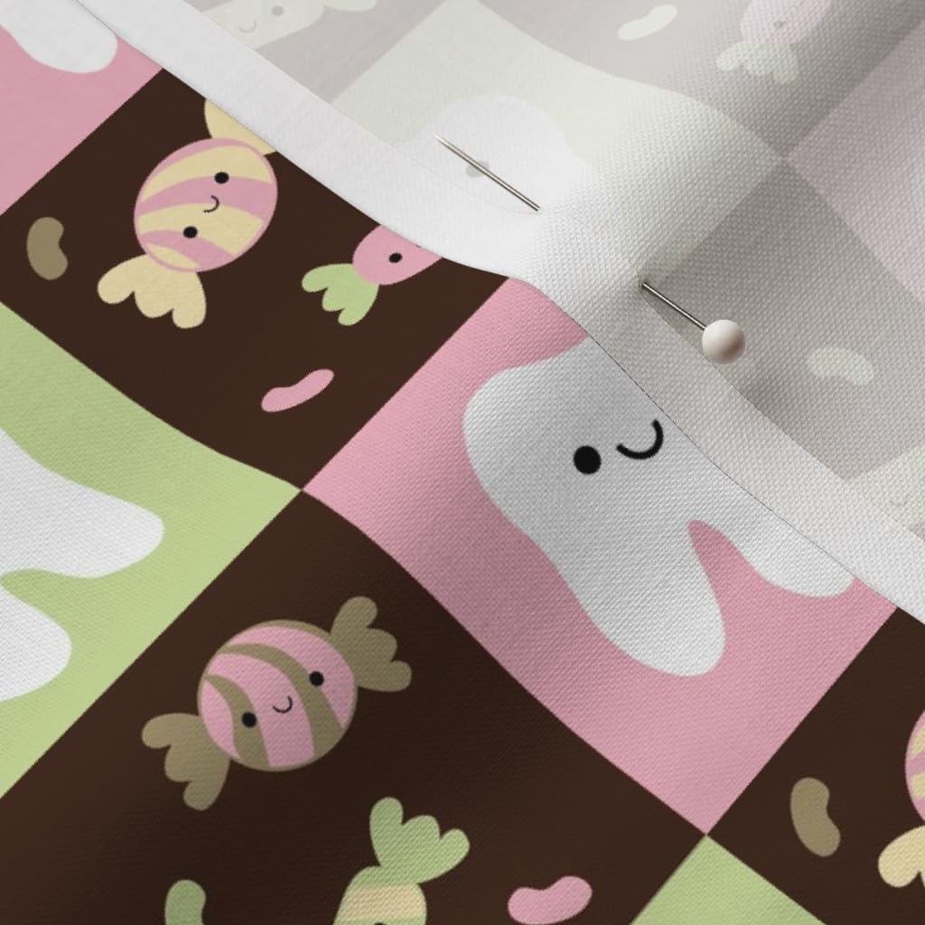 Happy Teeth Checkerboard Cotton Fabric - Brown Pink Light Green Dental Print for Sewing, Quilting & DIY Crafts | Tooth Fairy Design on Petal Signature Cotton | Perfect for Apparel, Home Decor & Gift Wrapping