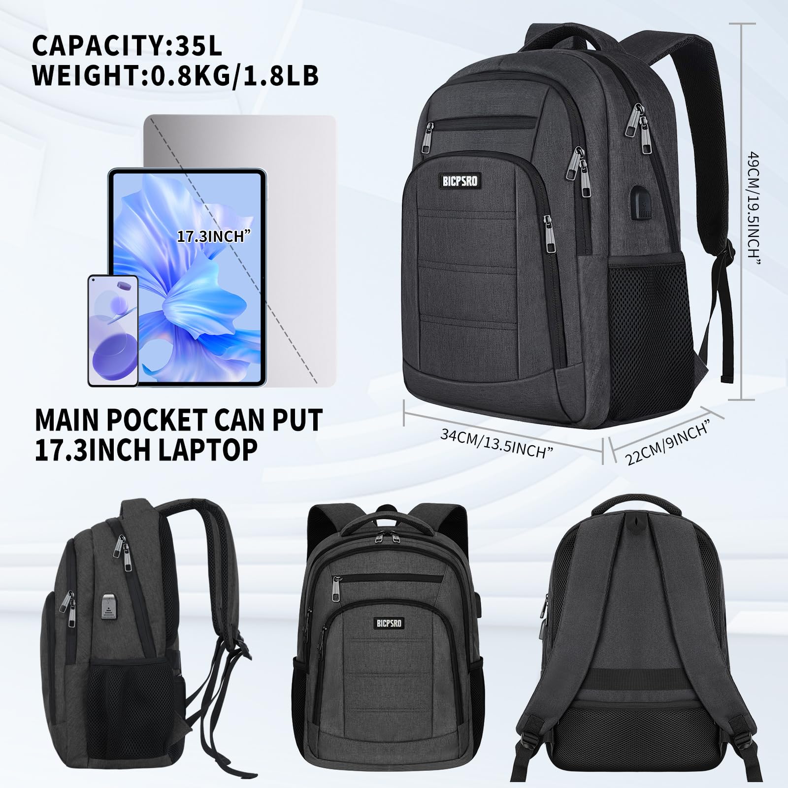 Stylish Unisex Backpack for Men & Women - Durable Water-Resistant School & Work Laptop Backpack with USB Charging Port - Fits 17.3 Inch Laptop - Perfect for College, Business Travel & Daily Commute - Black