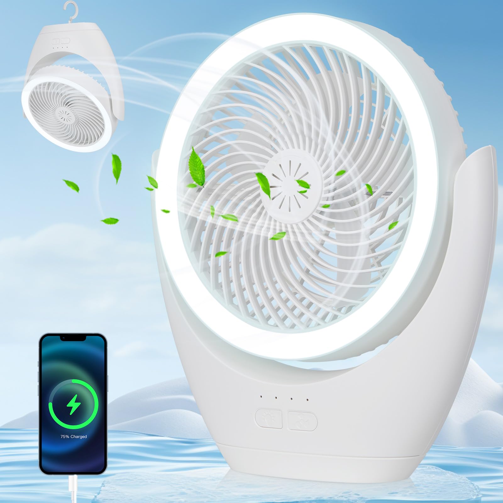 Rechargeable 12000mAh Battery Operated Desk Fan - Portable Camping Fan with LED Light, 3 Speed Quiet Cooling Fan for Bedroom, Office, Home & Outdoor Use | Perfect for Travel, Camping, Work & Nighttime Breeze