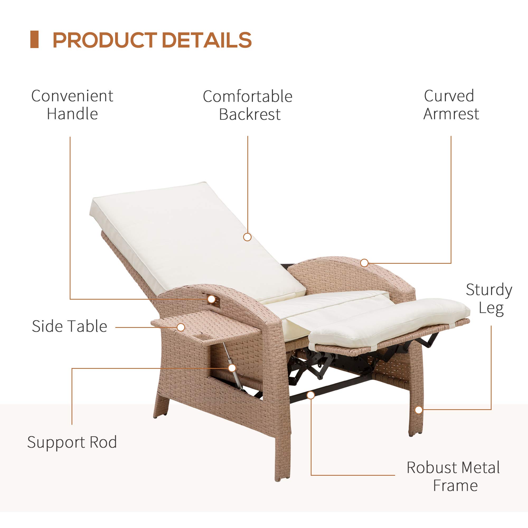 Outsunny Patio Recliner - Outdoor Reclining Lounge Chair with Adjustable Backrest, Flip-Up Side Table & Footrest - All-Weather Wicker Metal Frame Chaise Lounge with Cushions (Beige) - Perfect for Poolside, Backyard, Garden & Patio Relaxation