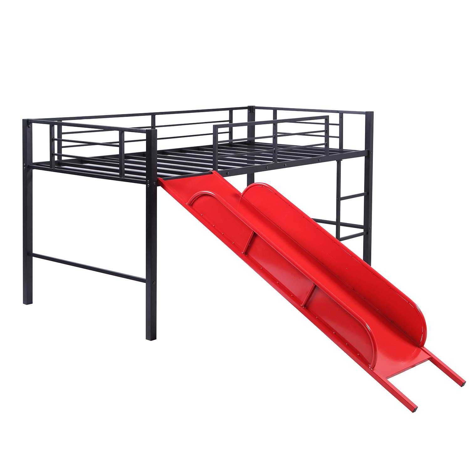 **Twin Metal Loft Bed with Slide & Built-in Ladder for Kids - No Box Spring Needed (Red) - Perfect for Small Bedrooms & Playrooms**