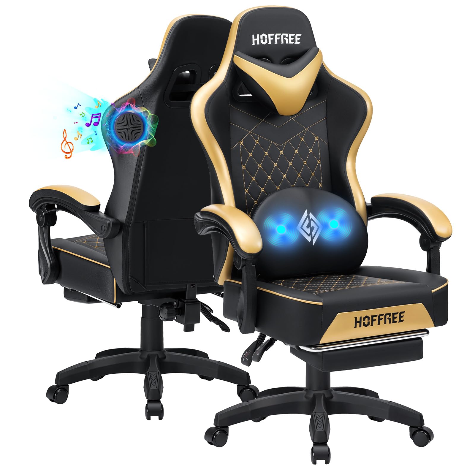 HOFFREE Ergonomic Gaming Chair with Bluetooth Speakers, Massage & Footrest - High Back Reclining Computer Chair for Adults, Gold and Black - Perfect for PC Gaming, Office Work & Home Entertainment