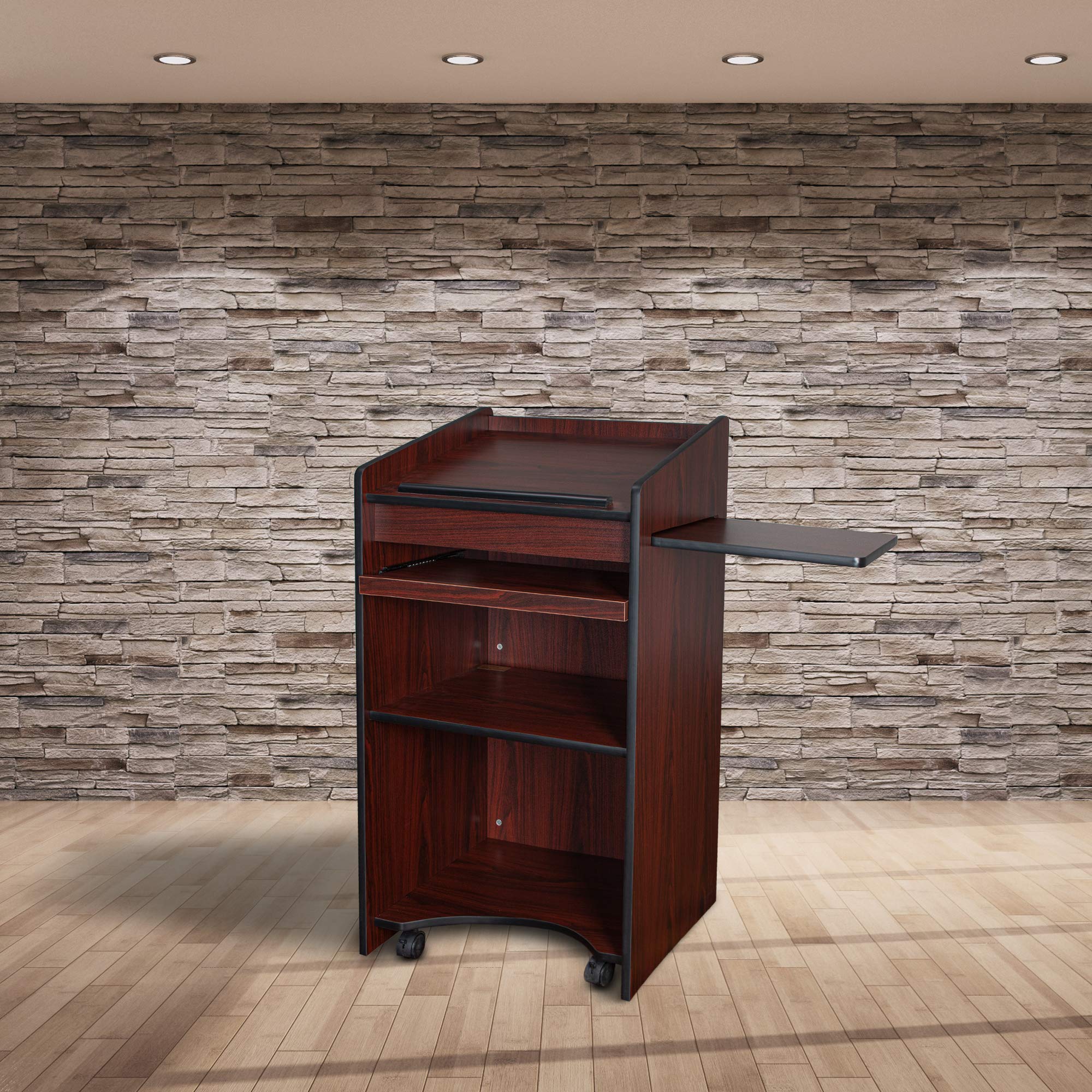 OEF Furnishings Mobile Floor Lectern with Side Shelf & Keyboard Tray - Adjustable Height Mahogany Wood Podium for Church, Classroom, or Home Office Use