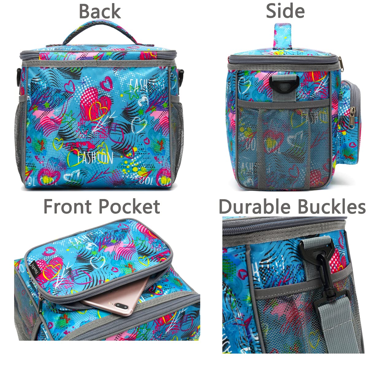 FlowFly Insulated Reusable Lunch Bag for Adults - Large Lunch Box with Adjustable Shoulder Strap, Front Zipper Pocket & Mesh Side Pockets - Perfect for Work, School, Picnics & Outdoor Activities