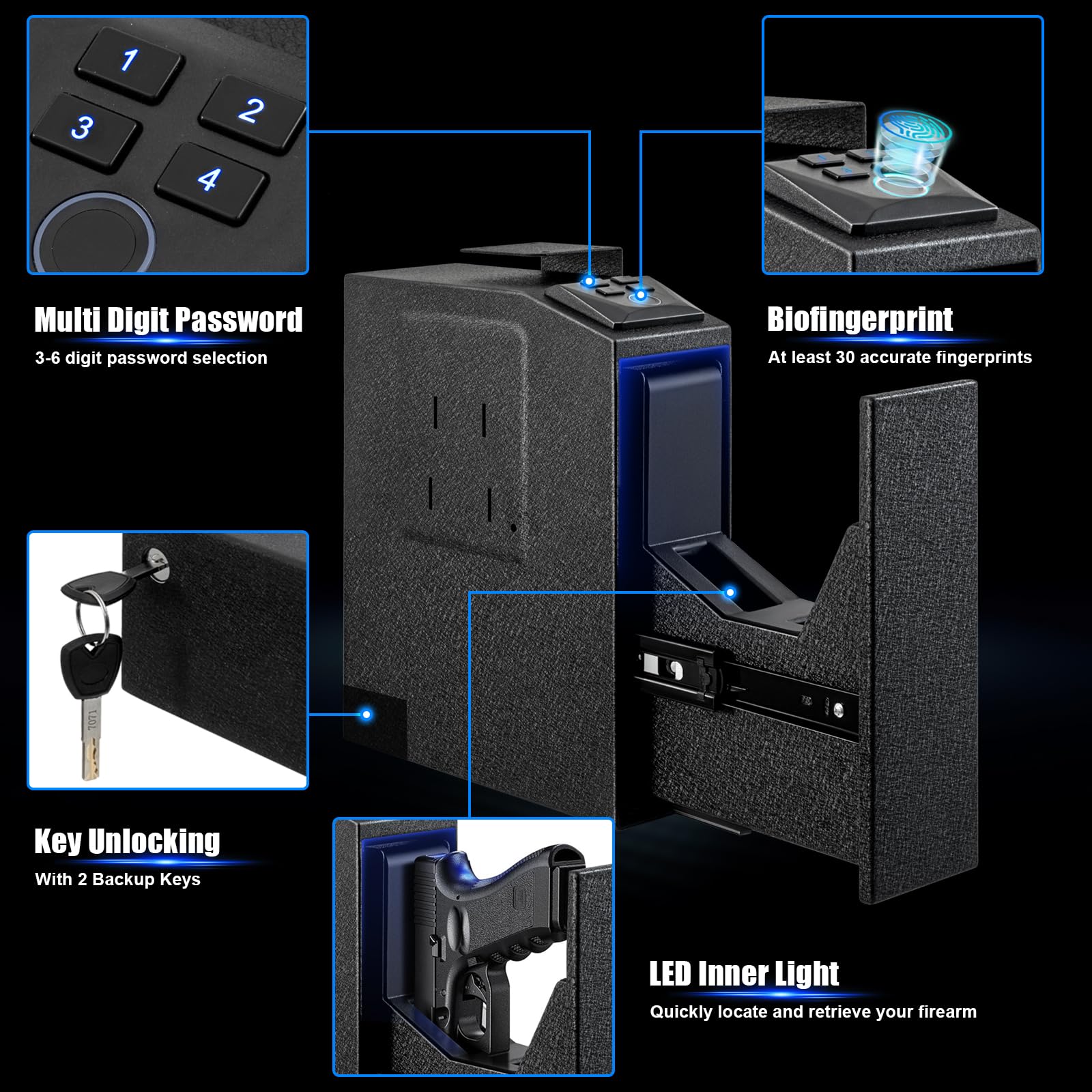 Biometric Gun Safe for Handgun - Fingerprint, PIN Code & Key Access Quick Open Pistol Safe for Bedside, Car & Home Security - Secure Handgun Storage for Personal Protection
