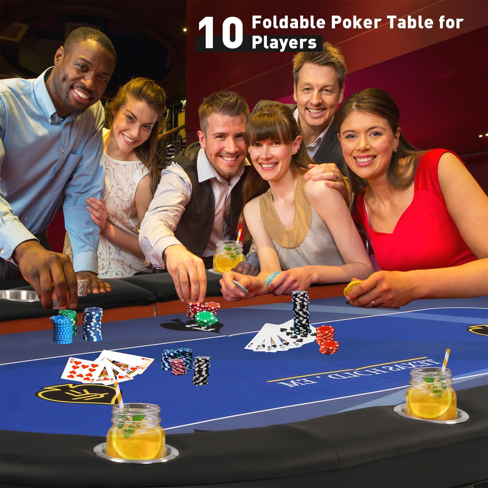 Premium 10-Player Foldable Poker Table for Texas Hold'em & Blackjack - Casino Style Game Table with 10 Stainless Steel Cup Holders & Padded Rails - Perfect for Home Game Nights, Casino Parties & Poker Tournaments