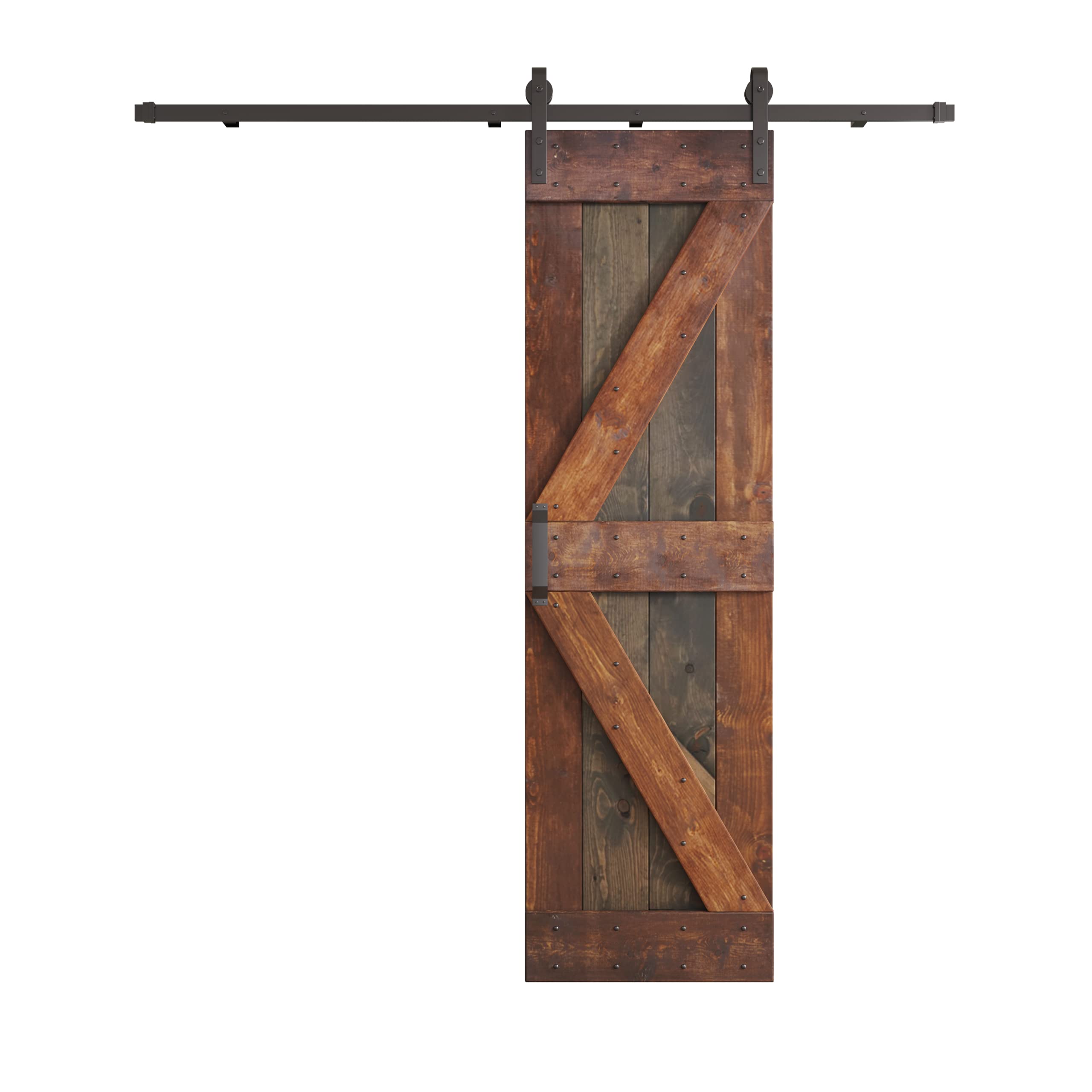 30 in x 84 in Knotty Pine Wood Sliding Barn Door with Hardware Kit - Aged Barrel & Dark Walnut Finish | Rustic Farmhouse Style Interior Door for Bedroom, Closet, or Living Room Partition