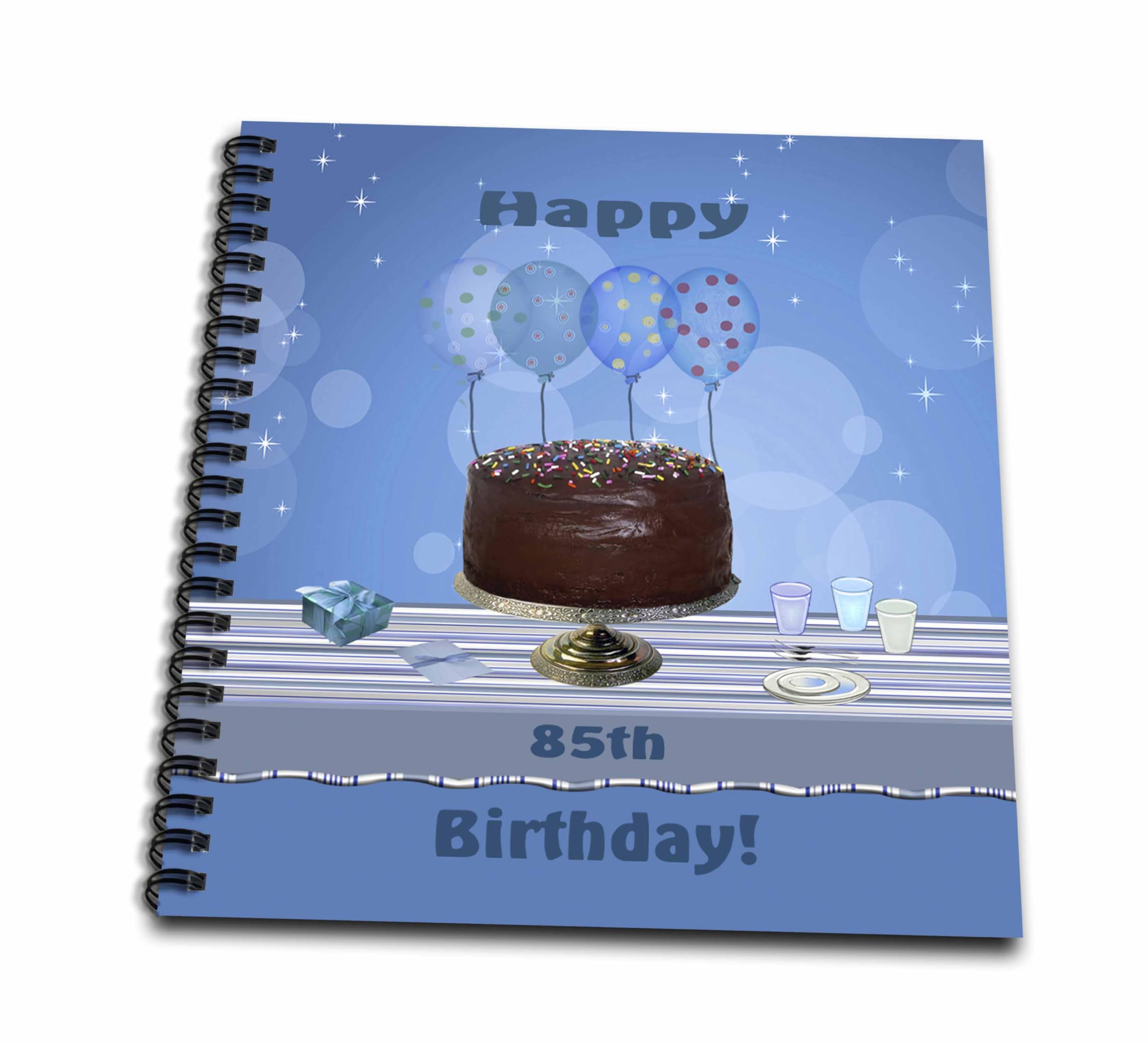 3dRose 85th Birthday Party Drawing Book - 8x8 Inch with Chocolate Cake & Blue Balloons Design | Perfect for Milestone Celebrations, Gift Giving & Memory Scrapbooking
