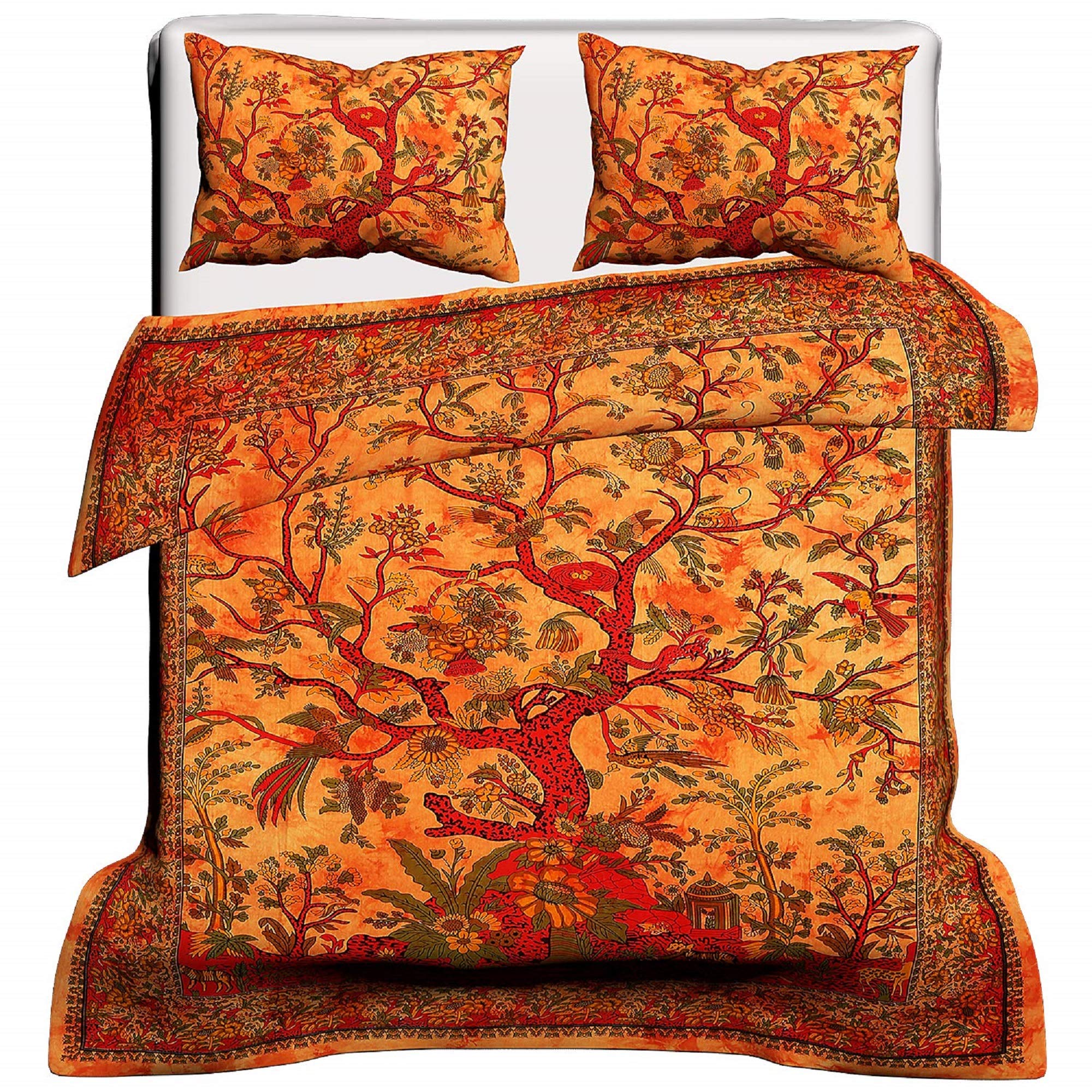 Orange Tree of Life Handmade Mandala Duvet Cover Queen Size - Bohemian Cotton Comforter Set with Reversible Quilt & 2 Pillowcases - Hippie Bedding for Boho Chic Bedroom Decor