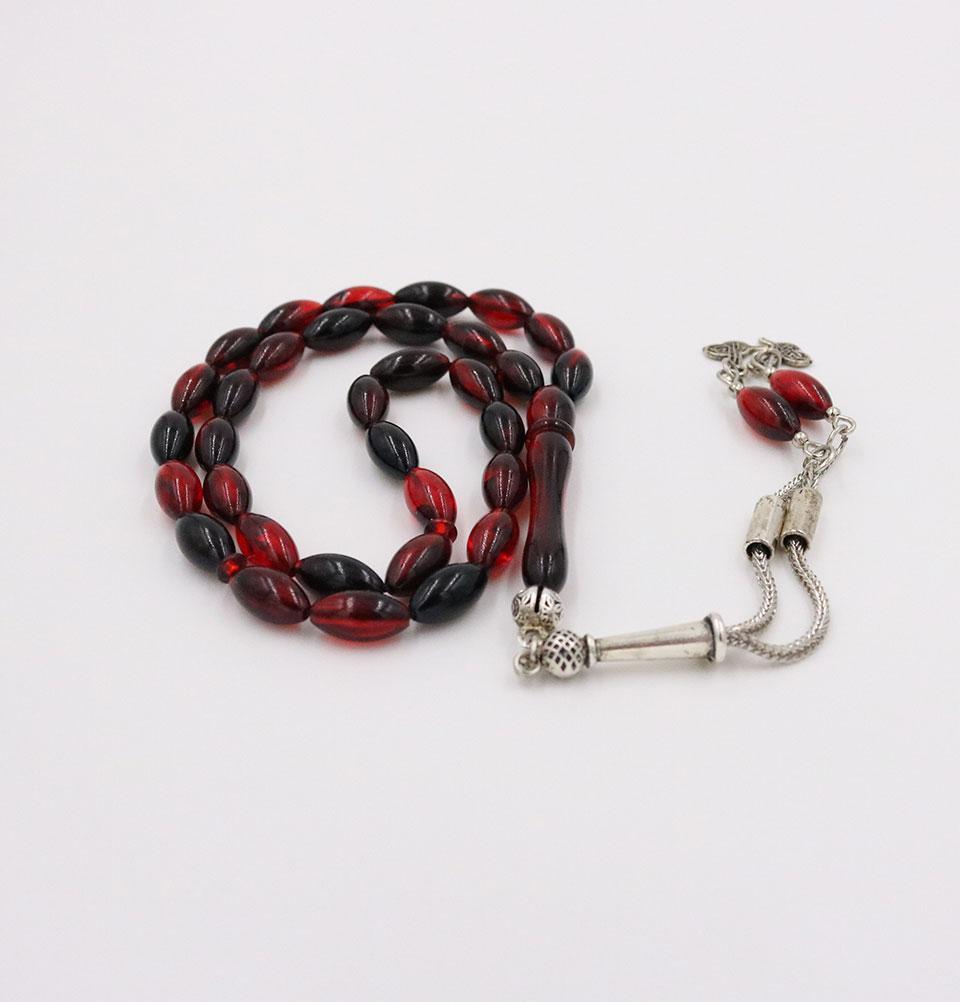 Islamic Tesbih Prayer Beads - 33 Count Red & Black Lab Amber Alpaca Metal Oval Beads for Muslim Prayer, Meditation & Stress Relief