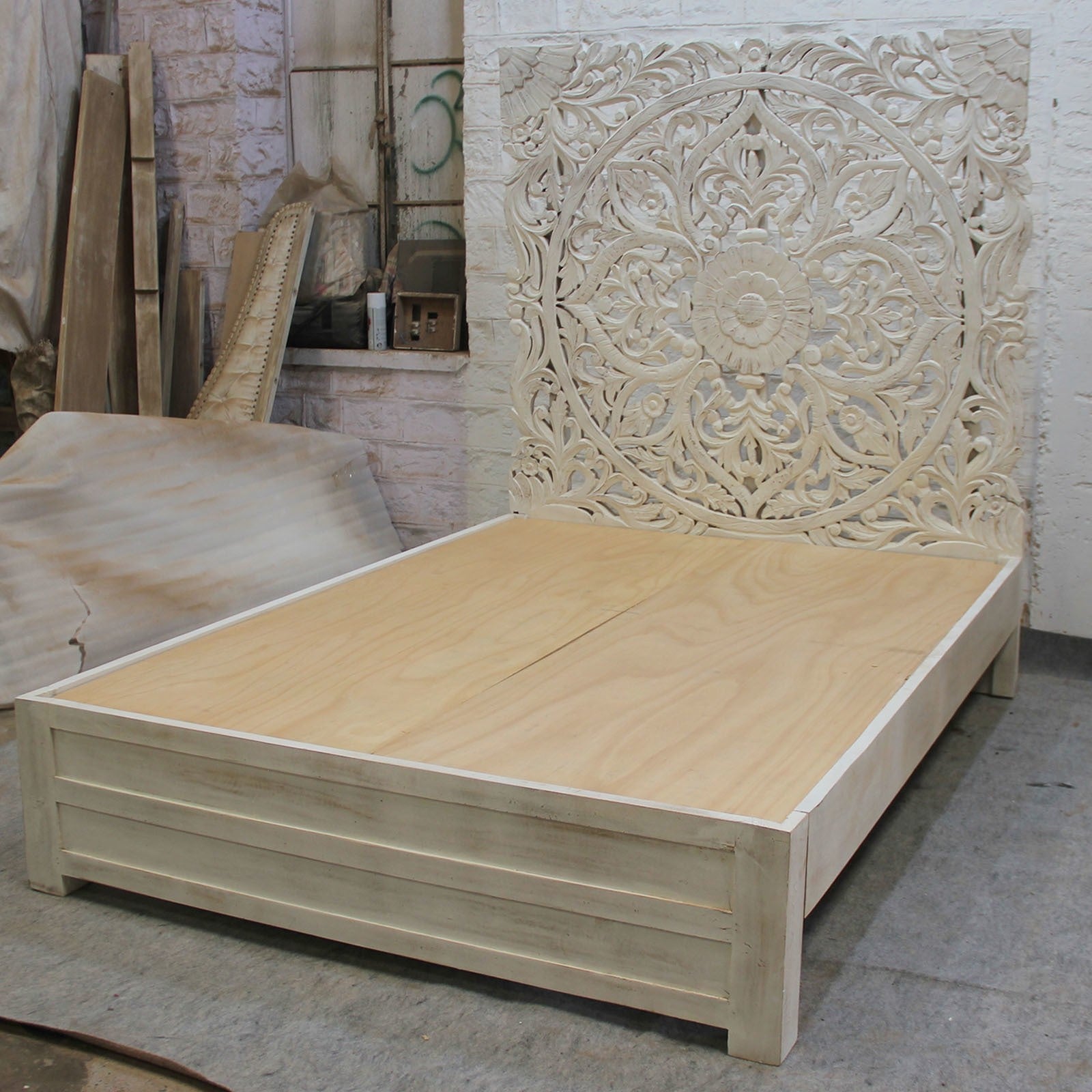 Handcrafted Dynasty Carved Queen Size Bed Frame - Solid Wood, Natural Finish - Perfect for Master Bedroom, Guest Room & Luxury Home Decor