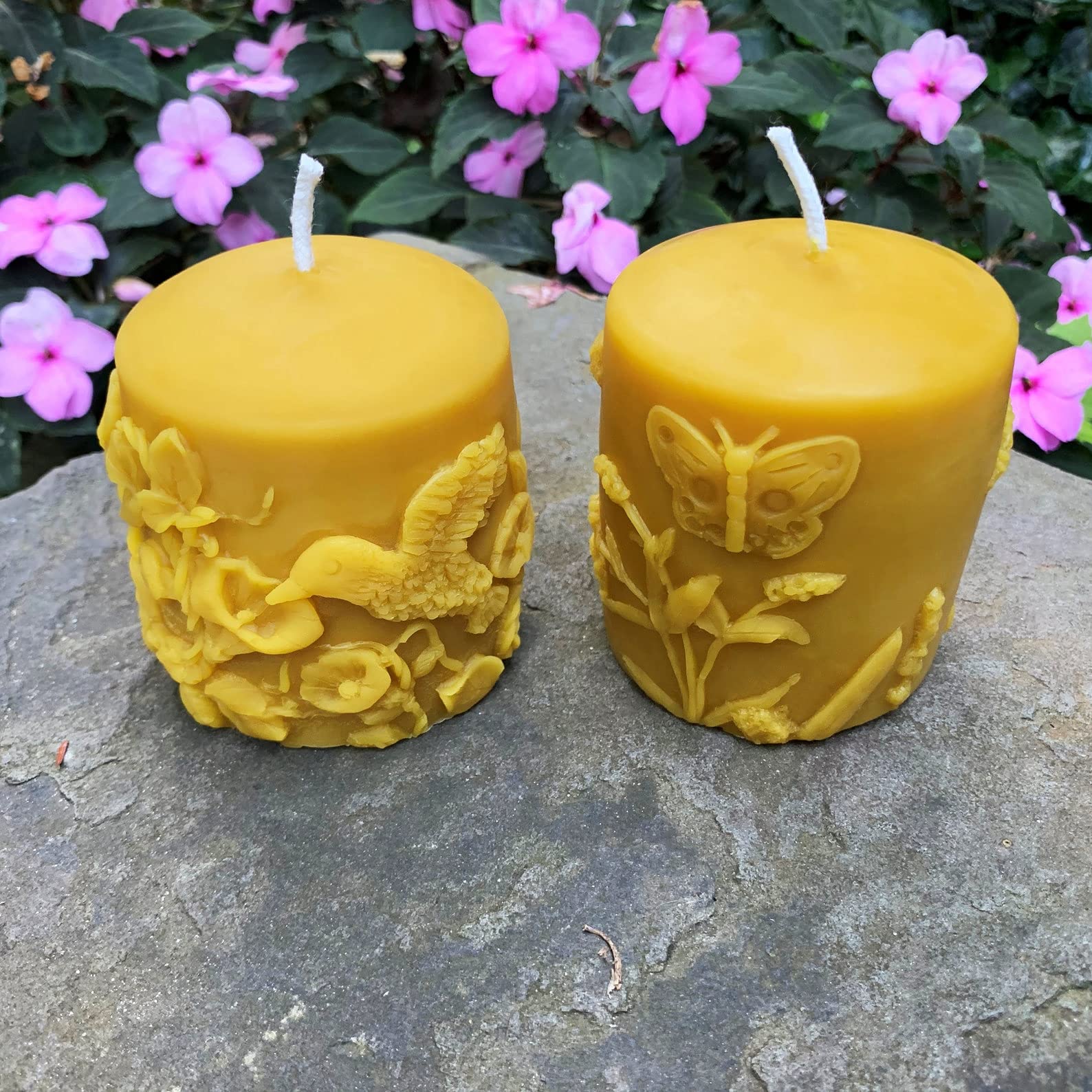 100% Pure Beeswax Pillar Candle Set - Natural Honey Scented Candles with Butterfly, Hummingbird & Flower Designs (Set of 3) | Spring Home Decor, Romantic Gifts for Mom, Wedding Centerpiece & Aromatherapy