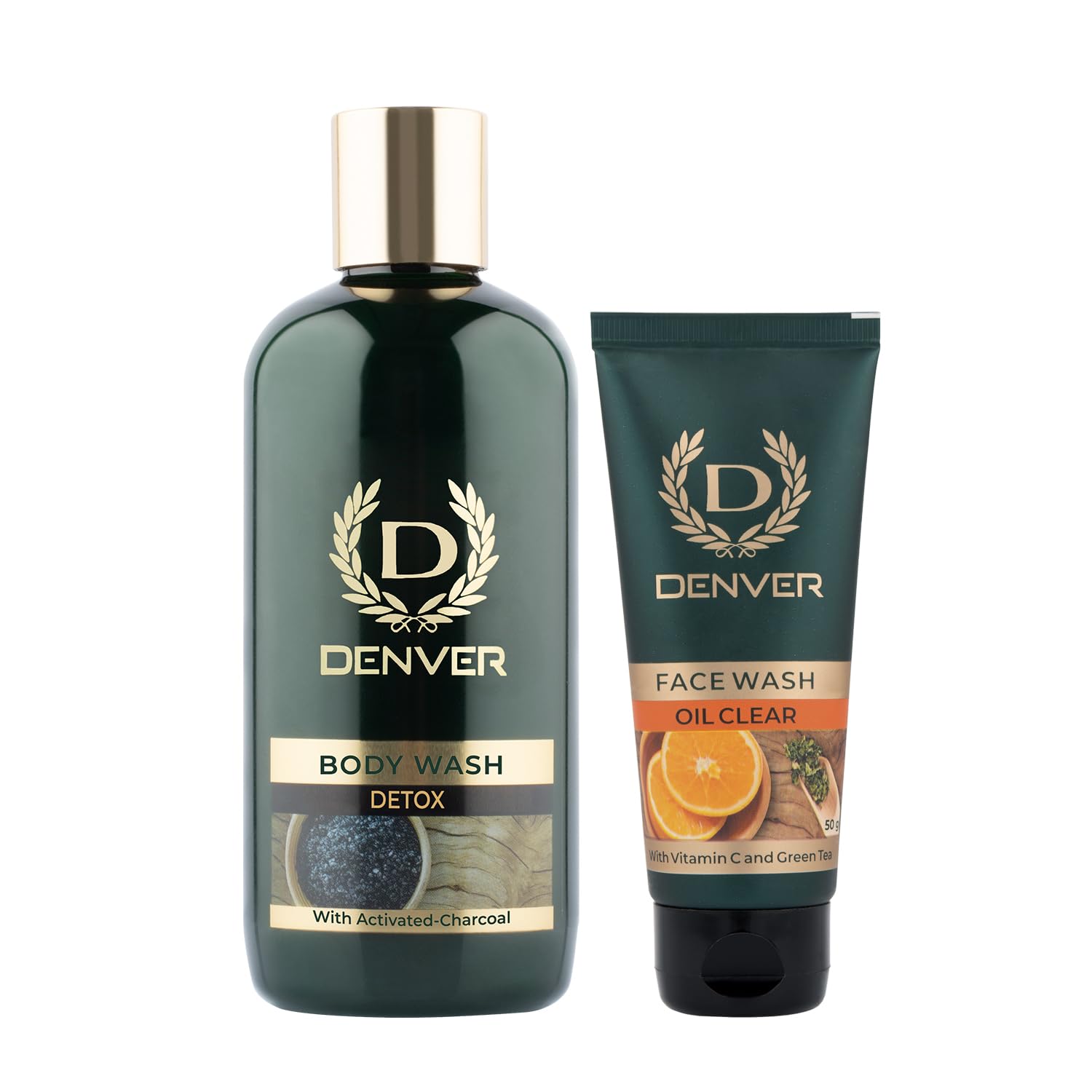 DENVER Detox & Clarify Body & Face Wash Combo - Activated Charcoal Body Wash (325ml) + Vitamin C Face Wash (50g) | Deep Cleansing for Men | With Green Tea Extract | Perfect for Gym, Travel & Daily Skincare Routine