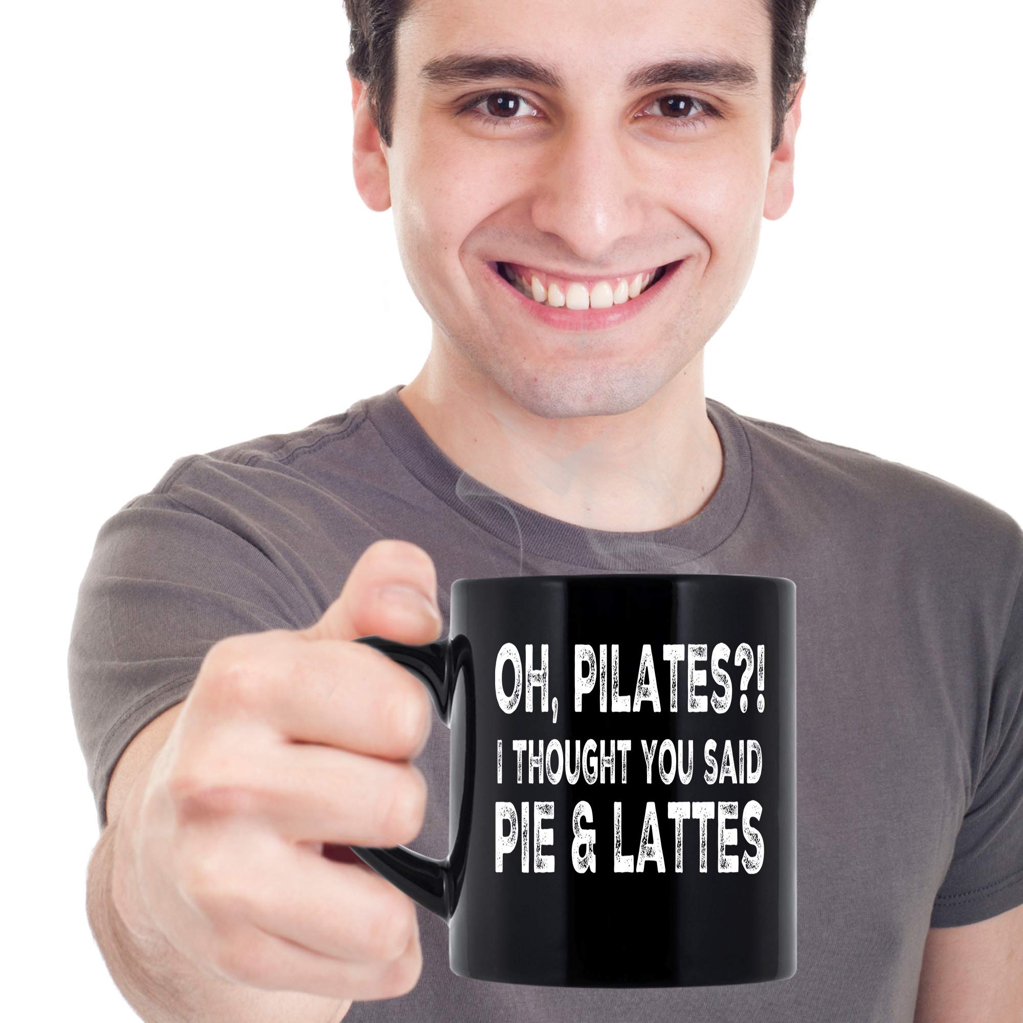 Funny Pilates Coffee Mug - Pie & Lattes Joke 11oz Black Cup for Yoga Lovers