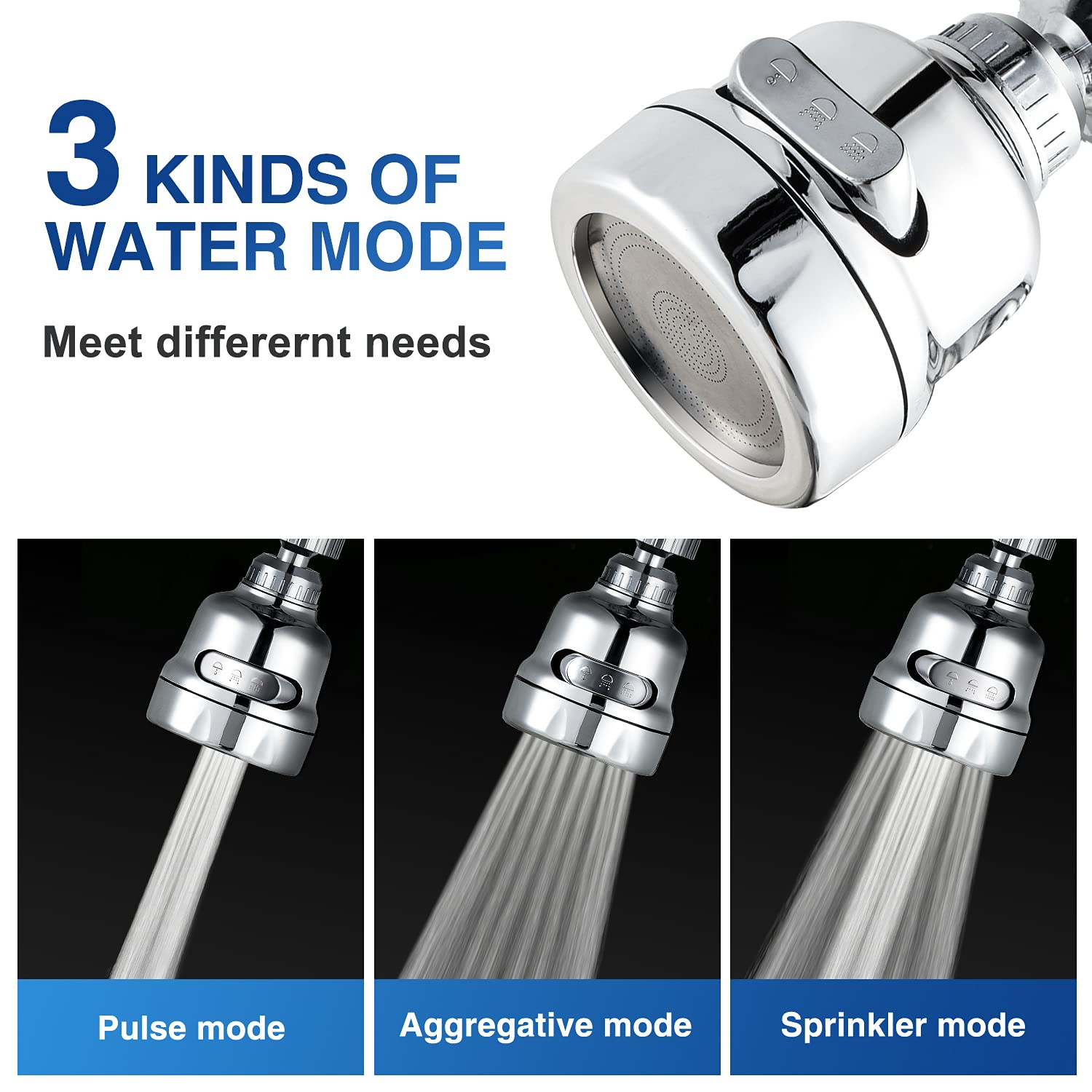 360° Rotating Faucet Sprayer Attachment - 3 Mode Adjustable Kitchen Sink Tap Head with Chrome Finish (2 Pack) | Water Saving Aerator Nozzle for Dishwashing, Vegetable Cleaning & Pet Bathing