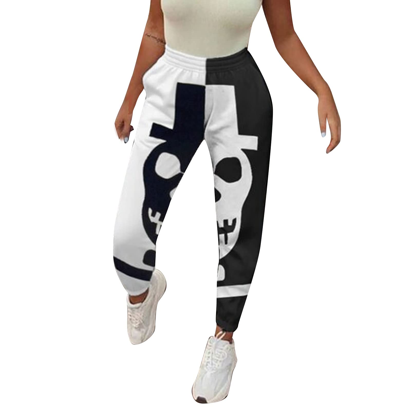 Women's Halloween Ghost Print High Waist Jogger Pants with Pockets - Loose Fit Cinch Bottom Sweatpants for Fall | Casual Lounge Wear & Costume Party Outfit