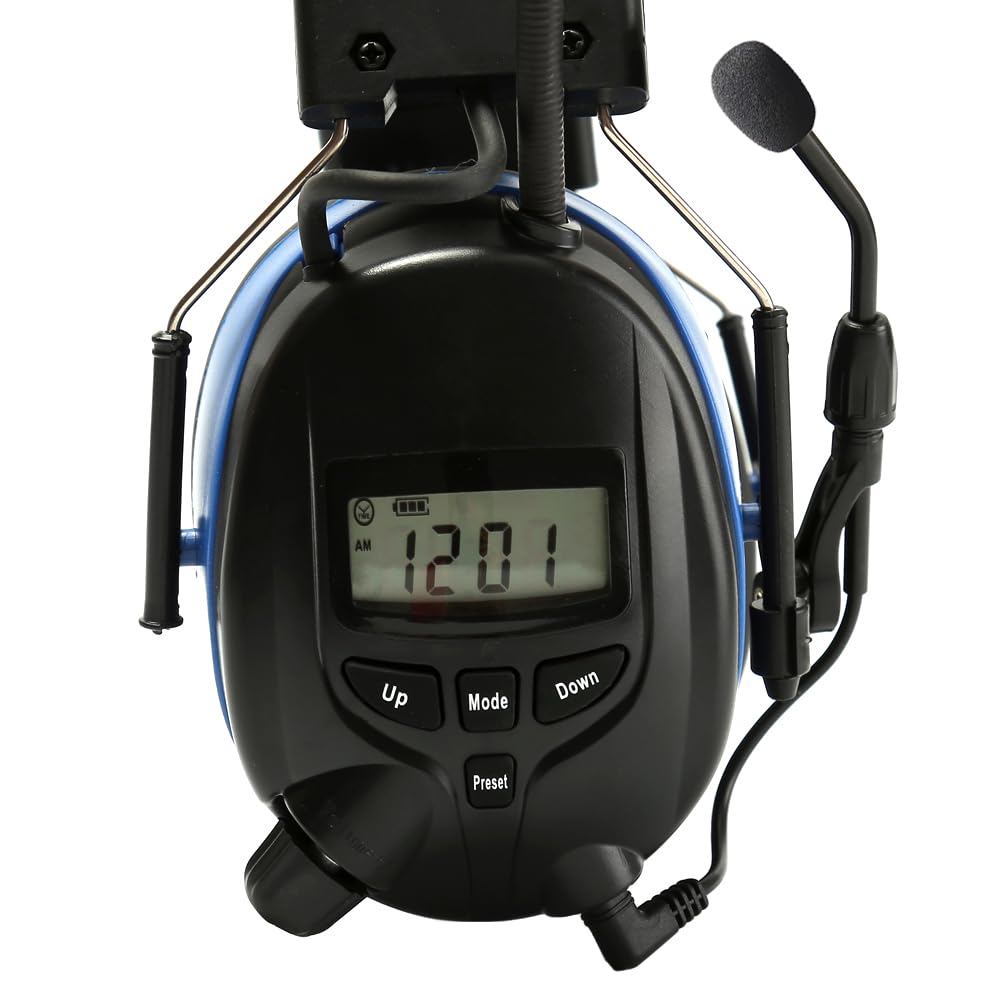 Digital Radio Ear Muffs with Boom Microphone - Bluetooth AM/FM Hearing Protection Headphones for Lawn Mowing & Outdoor Work (AAA Battery Powered, Blue) - Perfect for Construction, Shooting Range & Noise Reduction