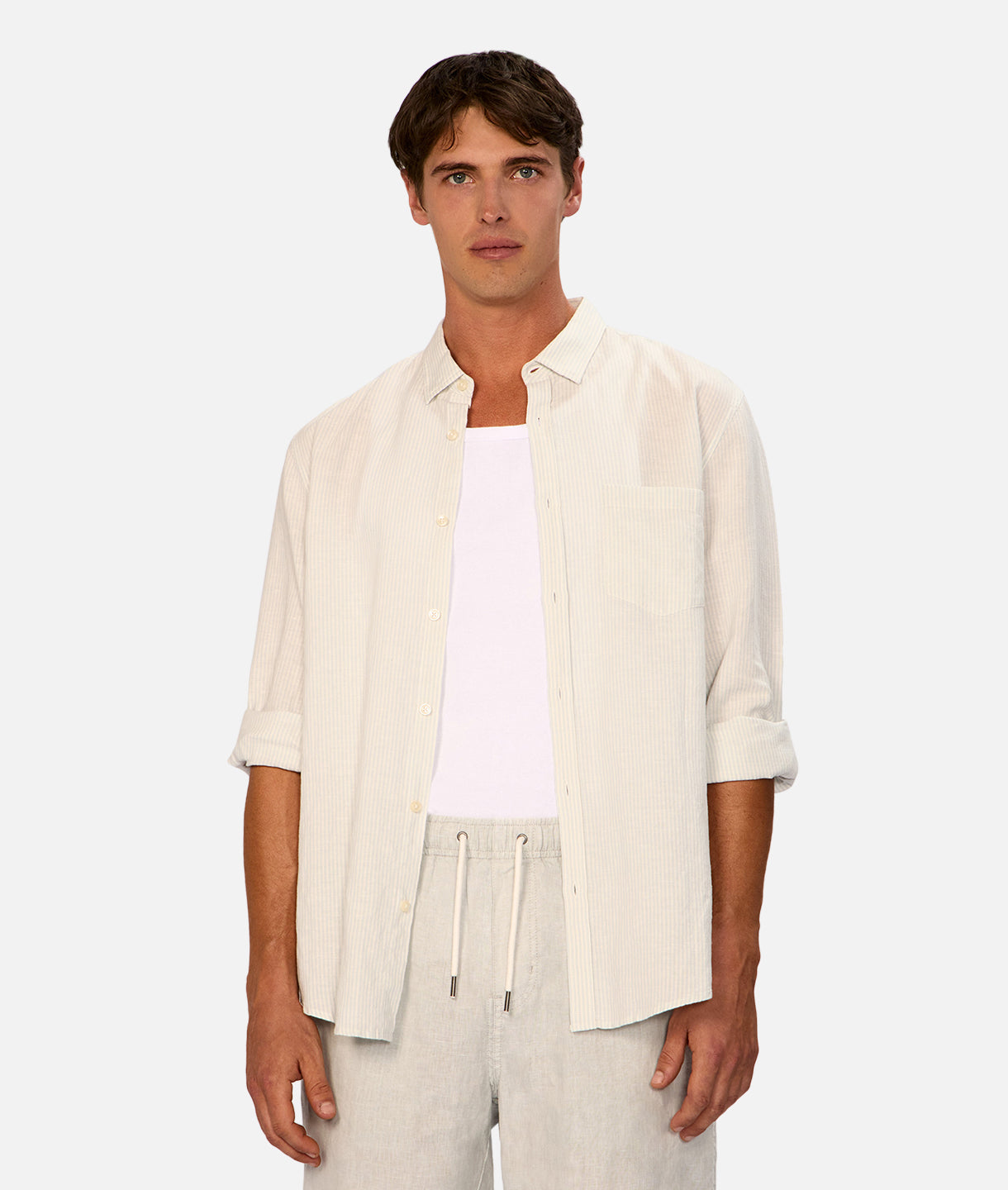 San Juan Long Sleeve Linen Shirt for Men - Breathable & Lightweight Mint Green & White Casual Button Down Shirt - Perfect for Summer, Beach, and Outdoor Activities
