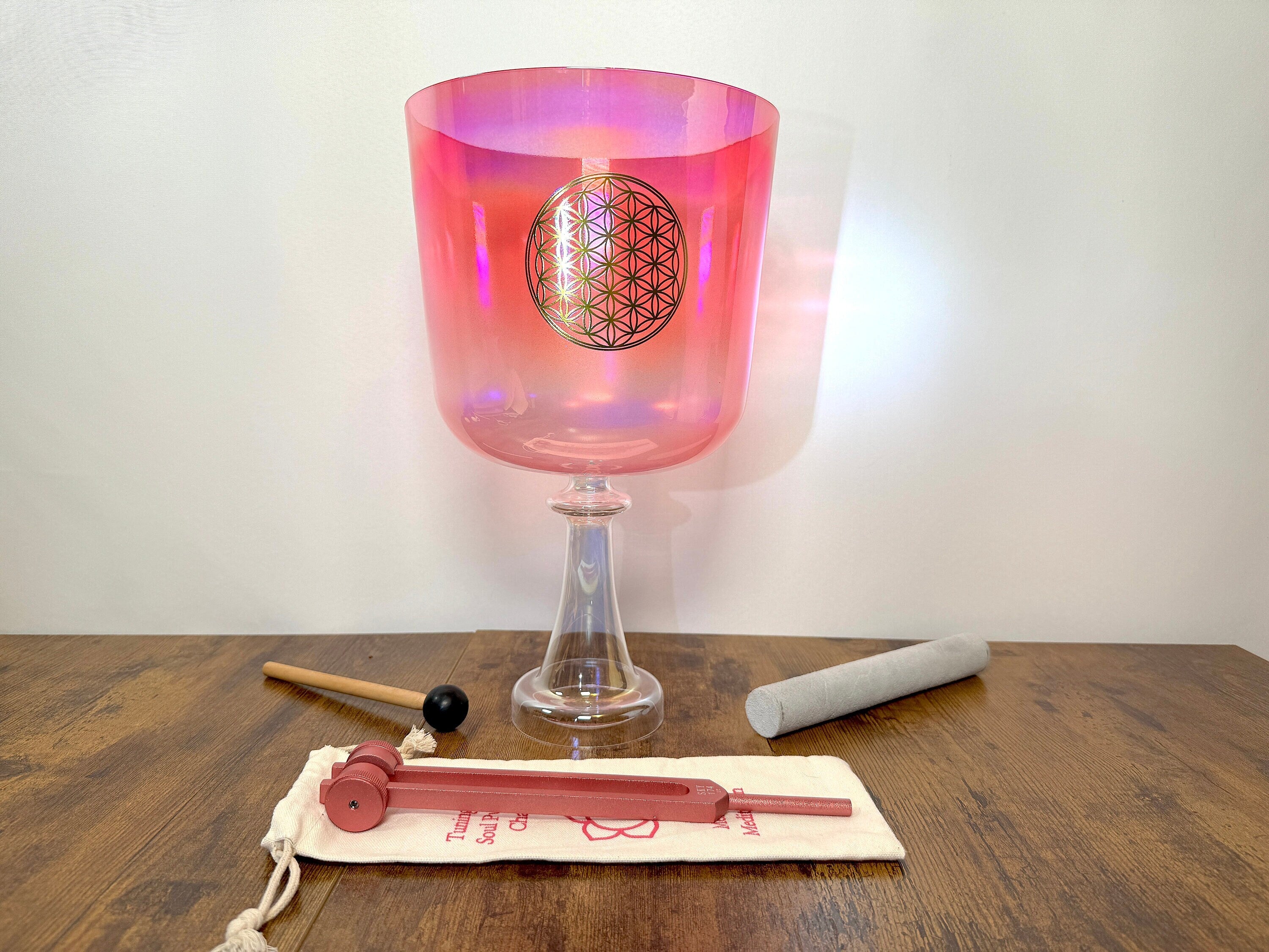 432Hz Flower of Life Crystal Singing Bowl Set with Tuning Fork, Heart Chakra F Note, Striker & Carry Case - Perfect for Meditation, Sound Healing & Yoga Practice
