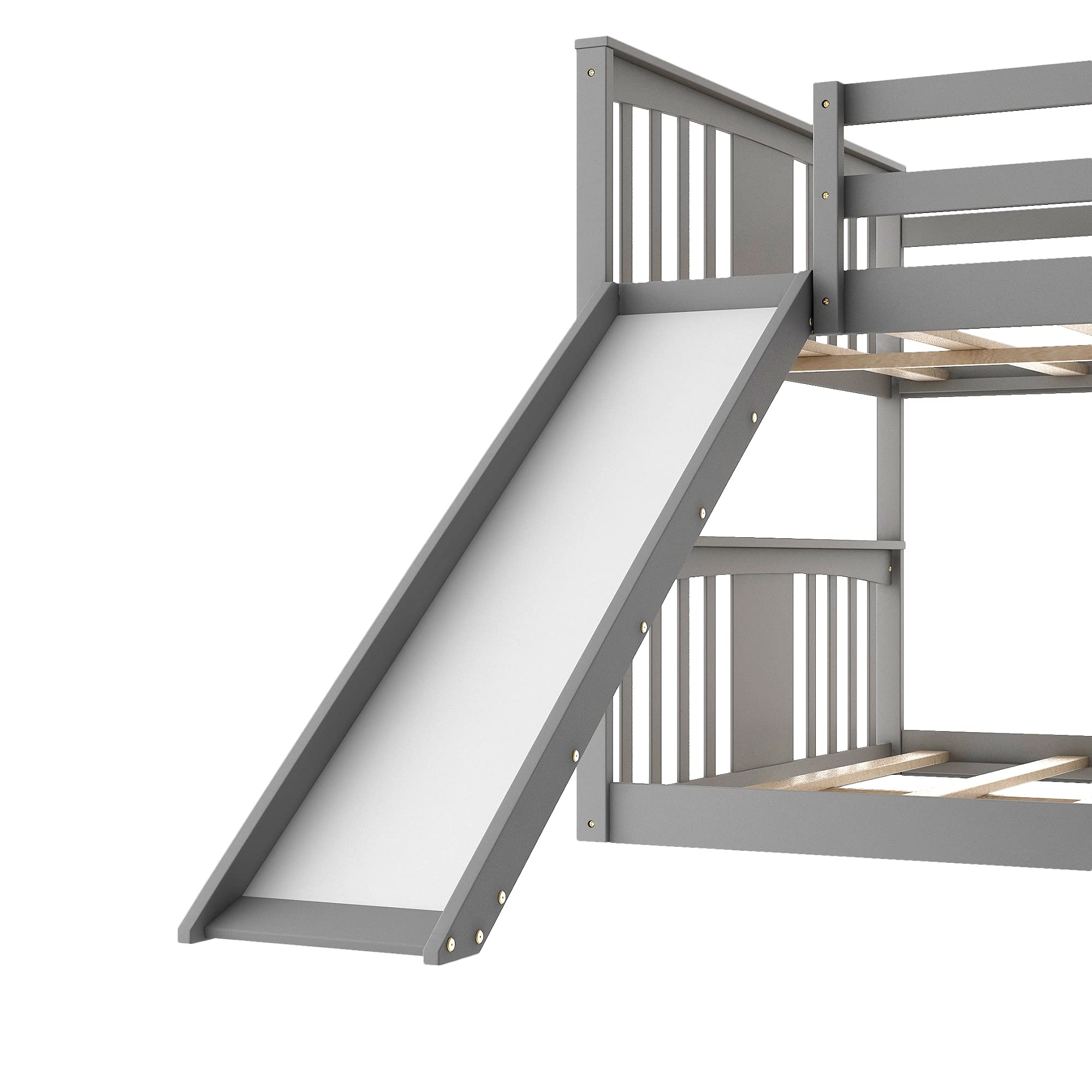 Harper & Bright Designs Twin Over Twin Wooden Bunk Bed with Slide & Ladder - Low Bunk Bed for Kids, Toddlers, Boys & Girls - Gray - Perfect for Small Bedrooms, Kids' Rooms & Shared Spaces