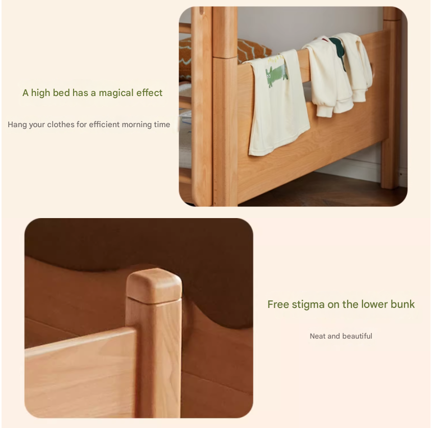 Solid Beech Wood Bunk Bed with Guardrails - Sturdy & Safe for Kids' Bedroom, Dormitory, or Guest Room