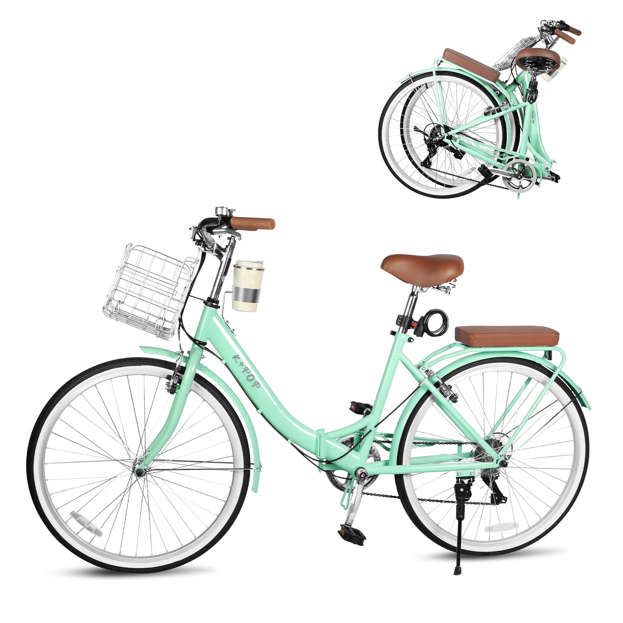 26 Inch Foldable Beach Cruiser Bike for Women - 7-Speed Commuter Bike with Detachable Cup Holder & Foldable Metal Basket - Stylish Ladies Folding Bike for Fitness, Vacation & City Riding (Green) - Perfect for Beach Outings, Daily Commutes & Leisure Cycling