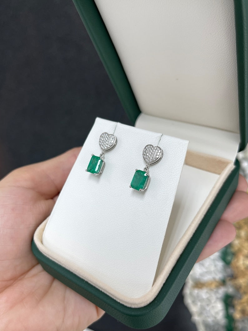 3.20tcw 14K Gold Natural Rich Medium Green Emerald & Diamond Heart Cluster Dangle Earrings for Women - Elegant Wedding, Party & Evening Wear Jewelry Gift