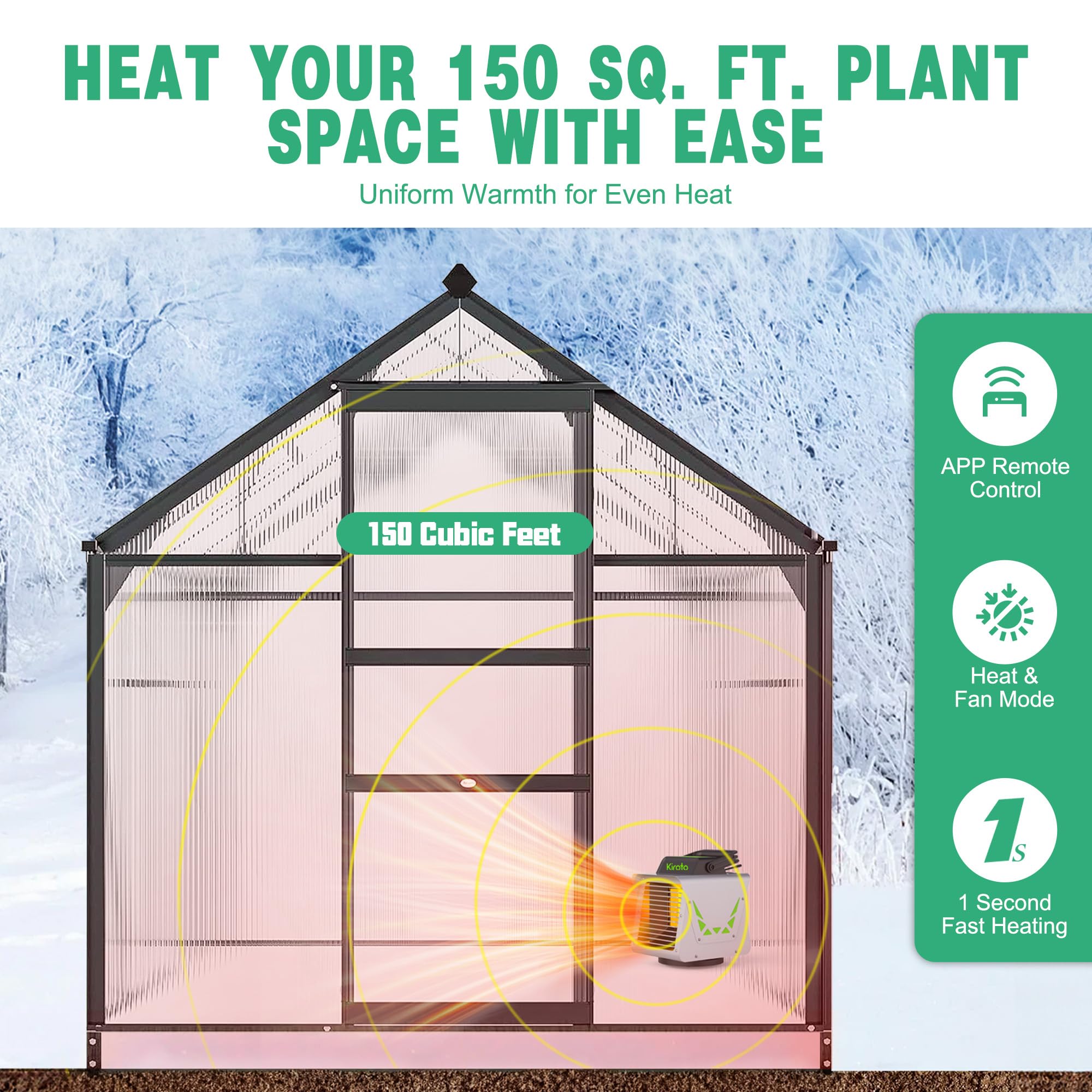 1500W Smart Greenhouse Heater with Thermostat & APP Remote Control - Portable Electric Heater for Plants, Vegetables, Flowers - Safe Indoor/Outdoor Use for Greenhouses, Grow Tents, Garages, Sheds & Winter Plant Protection