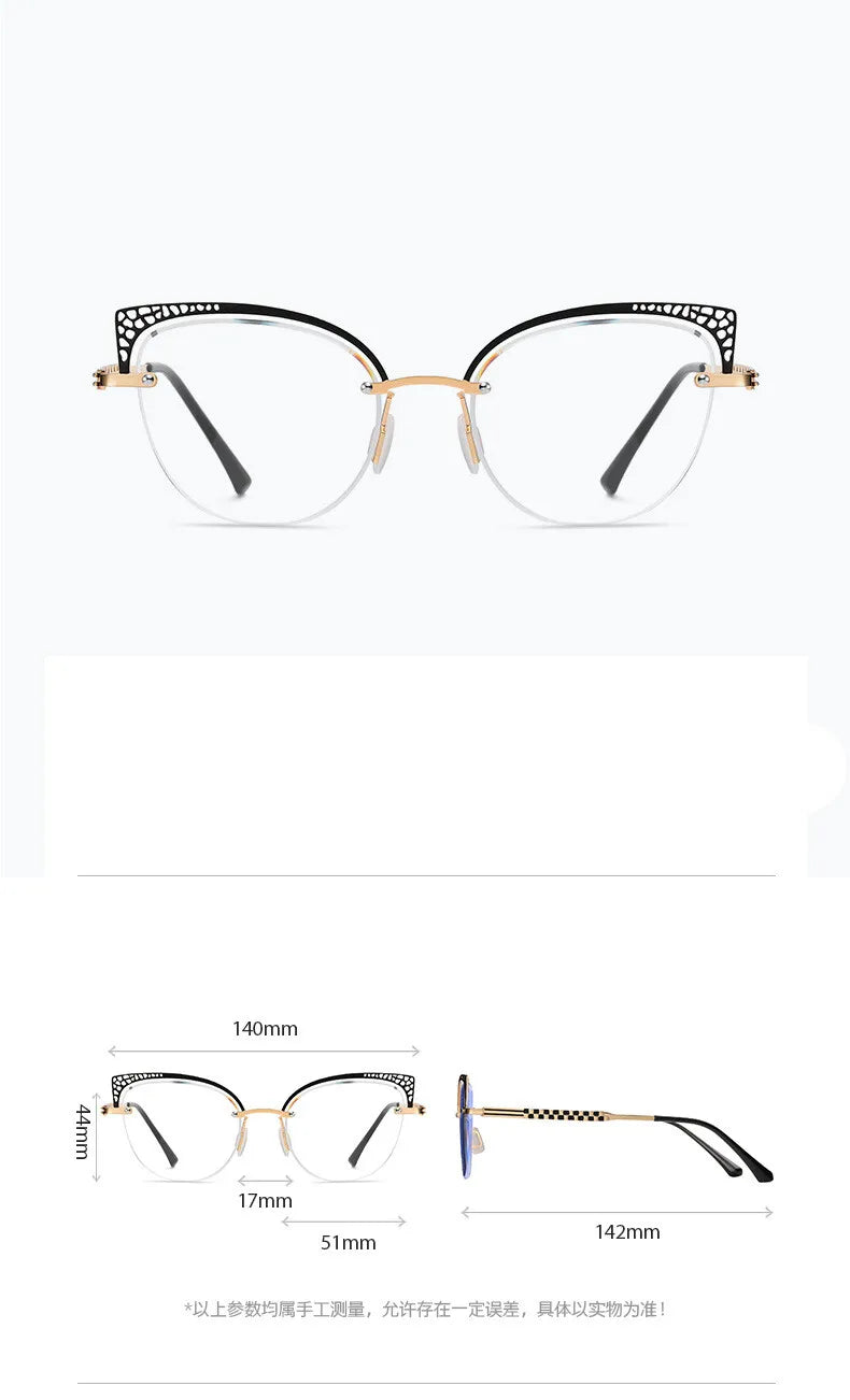 CCSpace Women's Full Rim Oval Cat Eye Alloy Eyeglasses with Clip-On Sunglasses - Fashionable Retro Frame for Work, Driving & Outdoor Activities (Model 302035)